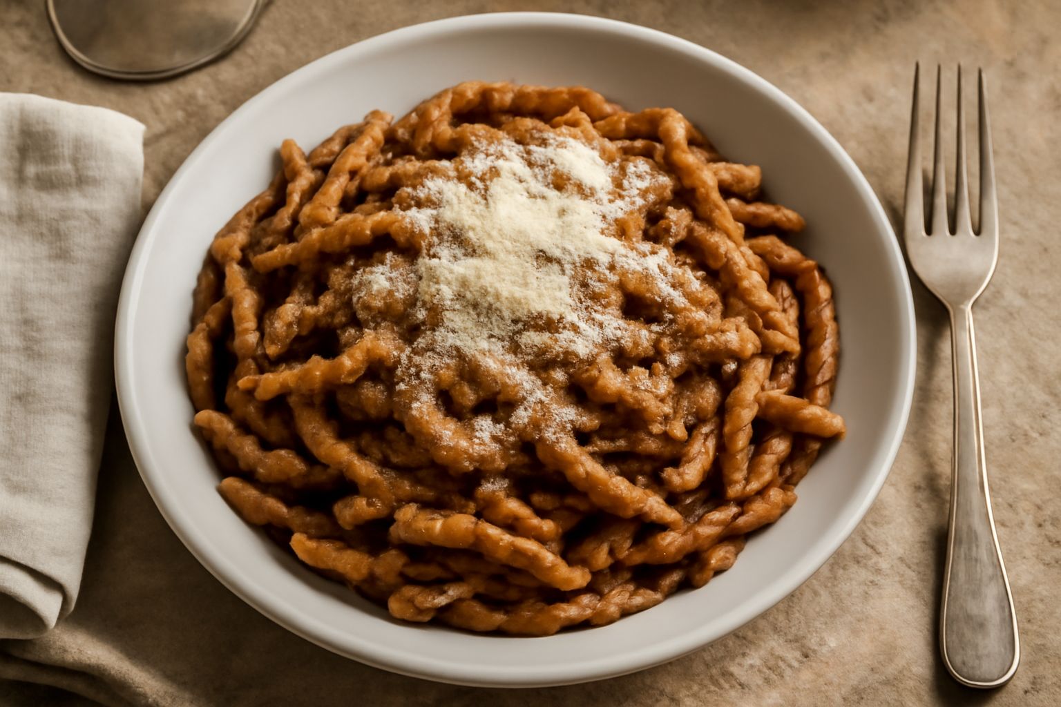 Piatto bianco con trofie attorcigliate ricoperte di ragù marrone scuro, grattugia di parmigiano bianco sulla superficie, un filo d'olio verde nel centro, contorno sfumato grigio