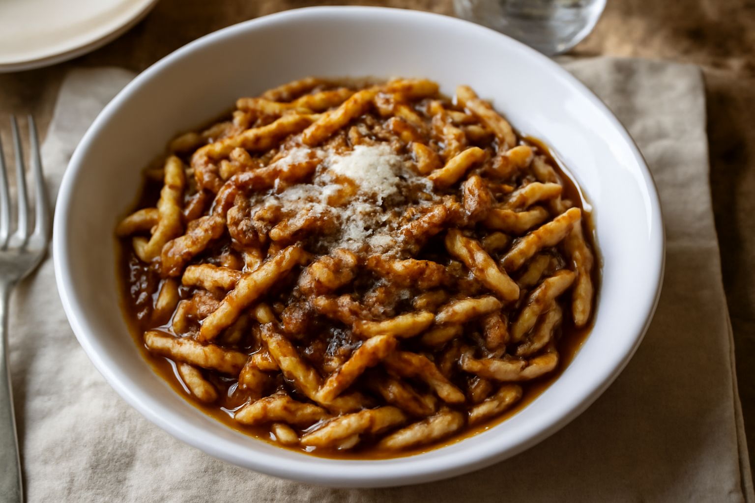Un piatto fondo di ceramica bianca con trofie ricoperte di ragù marrone scuro, guarnite con parmigiano grattugiato bianco e prezzemolo fresco verde, con due forchette di legno ai lati e un bicchiere d