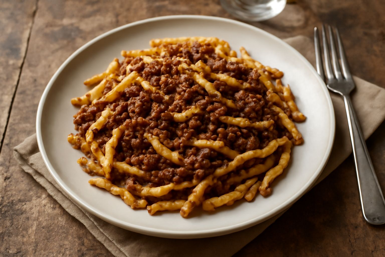 Piatto di trofie al ragù di cinghiale viste dall'alto: pasta riccia avvolta da sugo marrone scuro e denso, cosparso di parmigiano grattugiato bianco e qualche foglia di prezzemolo fresco verde, su un 