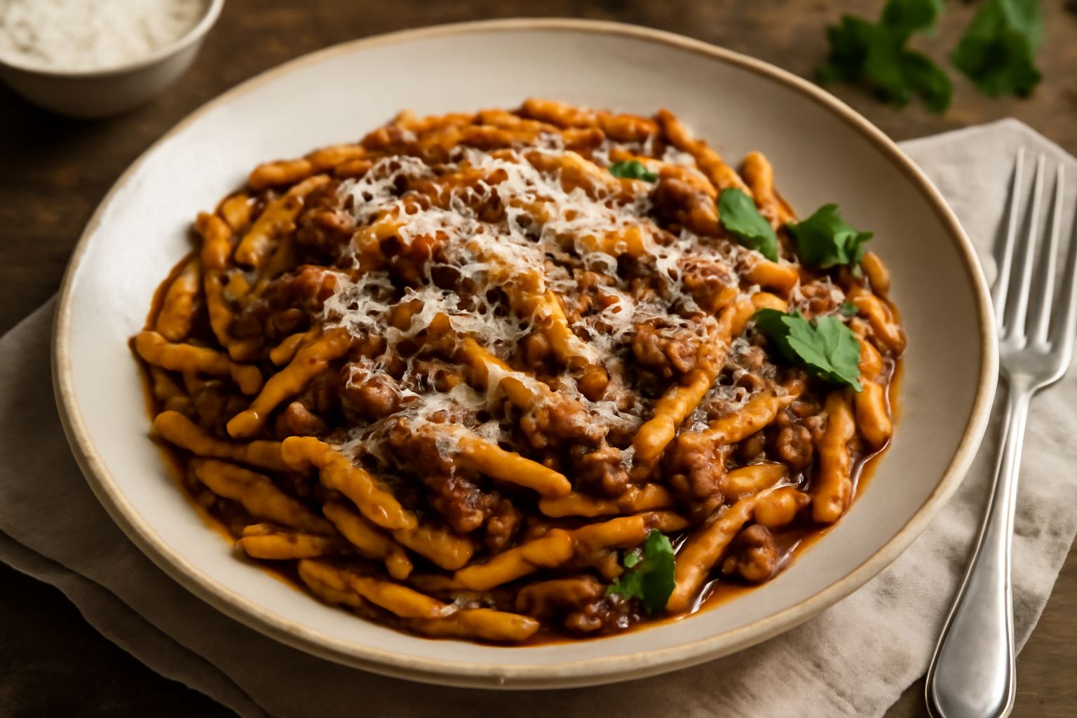 Piatto di trofie ricciolute coperte di ragù marrone e denso di salsiccia, guarnito con parmigiano grattugiato bianco, formaggio in scaglie, su piatto bianco fondo scuro