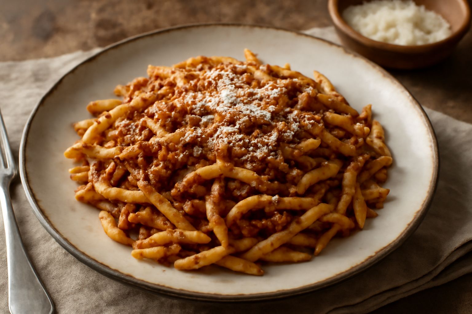 Piatto di trofie di pasta fresca color beige con ragù rosso-marrone denso, condite con grana grattugiato bianco e foglie di basilico fresco, servite in un piatto di ceramica bianca