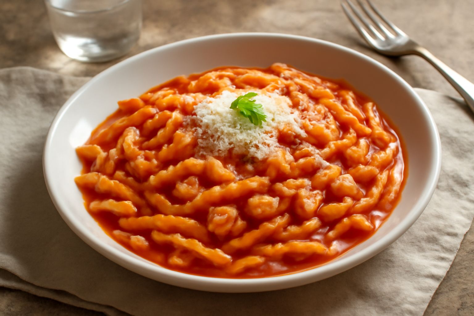 Piatto di trofie bianche e ondulate ricoperte di sugo rosso con filetti di pesce, decorato con prezzemolo fresco tritato e un filo d'olio, posato su tovaglia bianca