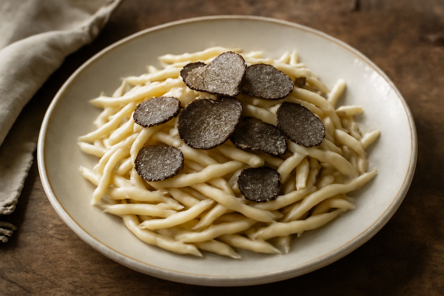 Piatto di trofie al tartufo color bianco avorio con lamelle di tartufo nero sparse in superficie, condite di burro fuso e pecorino grattugiato, presentate in un piatto fondo di ceramica bianca