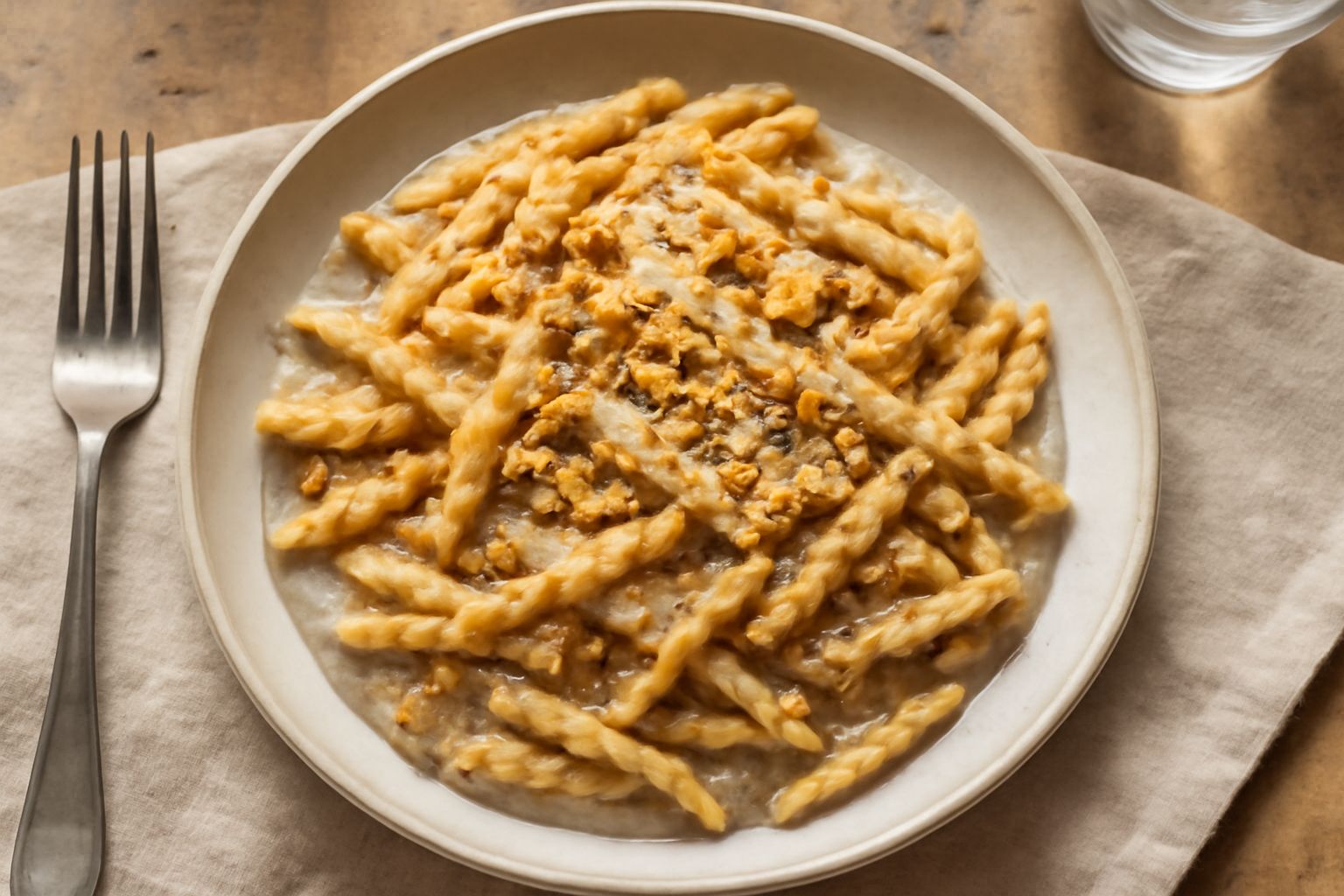 Piatto di trofie color ambra avvolte da salsa beige e cremosa, cosparse di noci tritate dorate e formaggio grattugiato bianco, guarnite con foglie di prezzemolo fresco, su fondo bianco