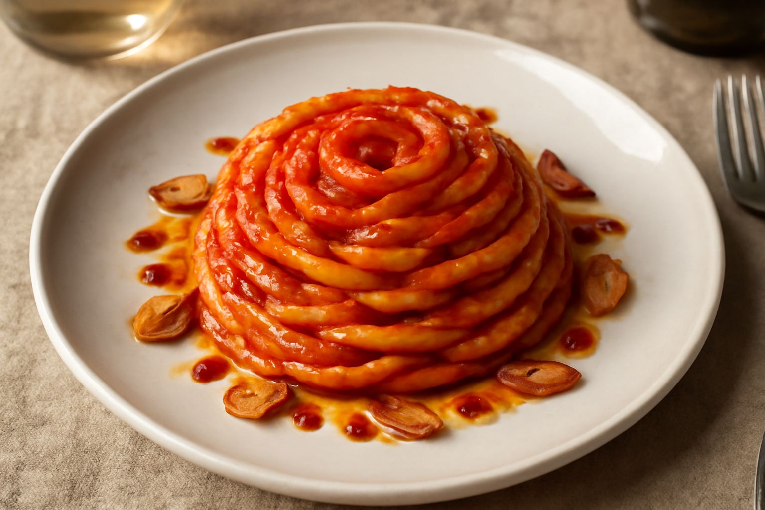 Piatto di trofie arricciate color giallo paglierino ricoperte di salsa di pomodoro rosso, con aglio fritto visibile, filo di olio verde brillante, peperoncino rosso sfrigolante, servite in ciotola bia