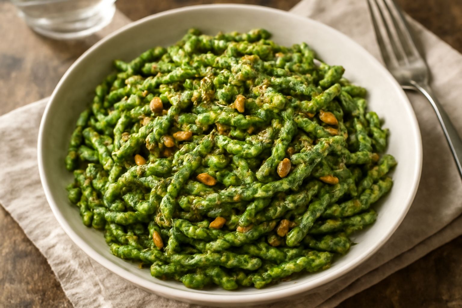 Piatto di trofie verdi condite con pesto di basilico, granelli di parmigiano e pinoli sparsi in superficie, su sfondo bianco