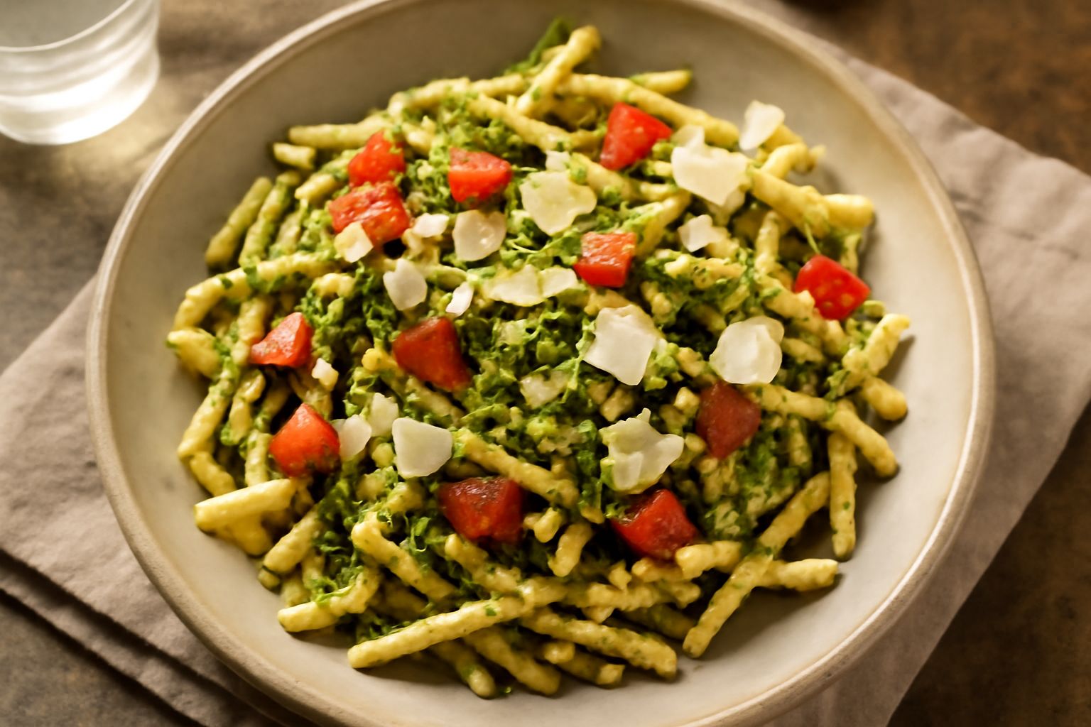 Trofie bianche e ricciolute coperte di pesto verde scuro, con cubetti di pomodoro rosso, mandorle tritate, ricotta salata sbriciolata e basilico fresco su un piatto bianco