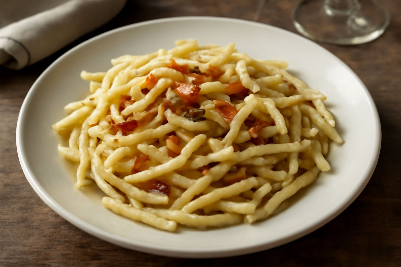 Piatto di trofie rigate color bianco avorio condite con salsa trasparente ricca di frammenti dorati di acciuga, aglio e gocce di olio d'oliva, con peperoncino rosso sbriciolato visibile in superficie,