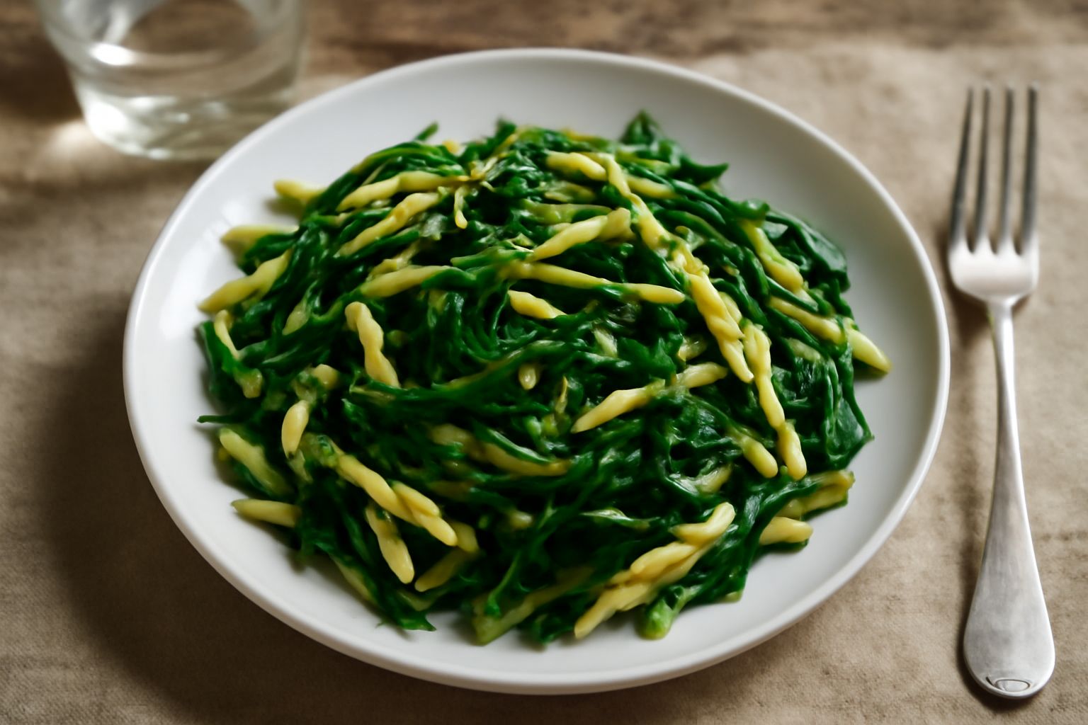 Piatto di trofie integre e ondulate, colore marrone chiaro, condite con cicoria scura e spinaci verdi brillanti, filo d'olio lucido in superficie, servito in piatto bianco fondo, pepe nero macinato so