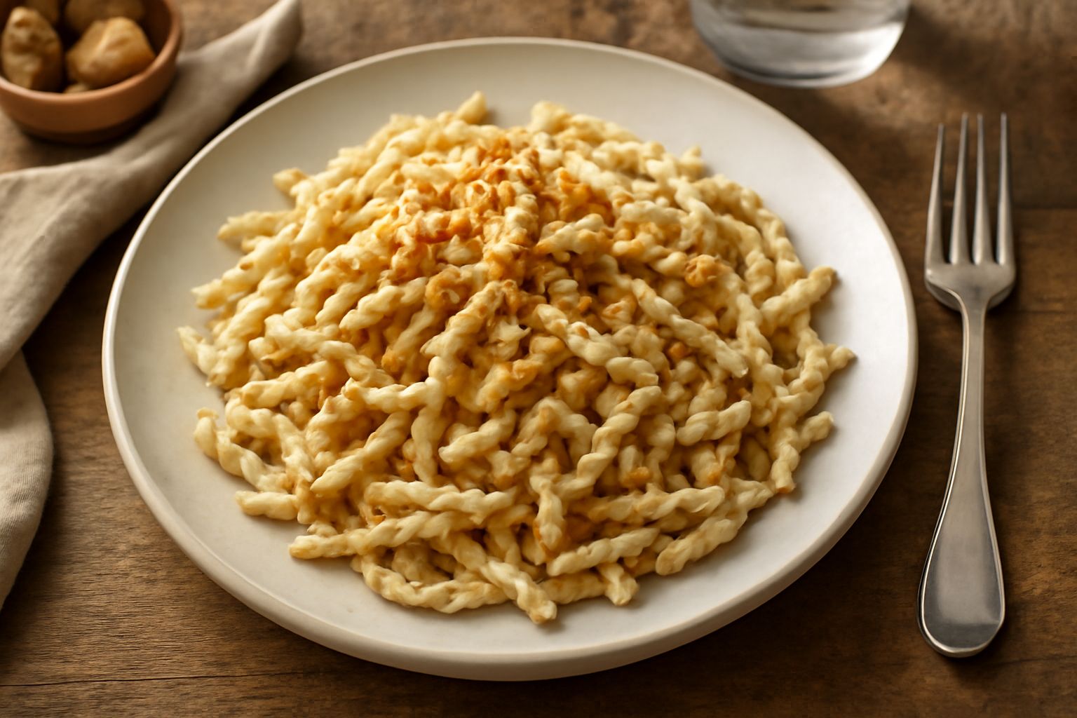 Piatto di trofie bianche e ricce coperte di salsa color nocciola con pezzi visibili di noci tritate, una macinata di formaggio grattugiato in superficie, servite in un piatto fondo bianco