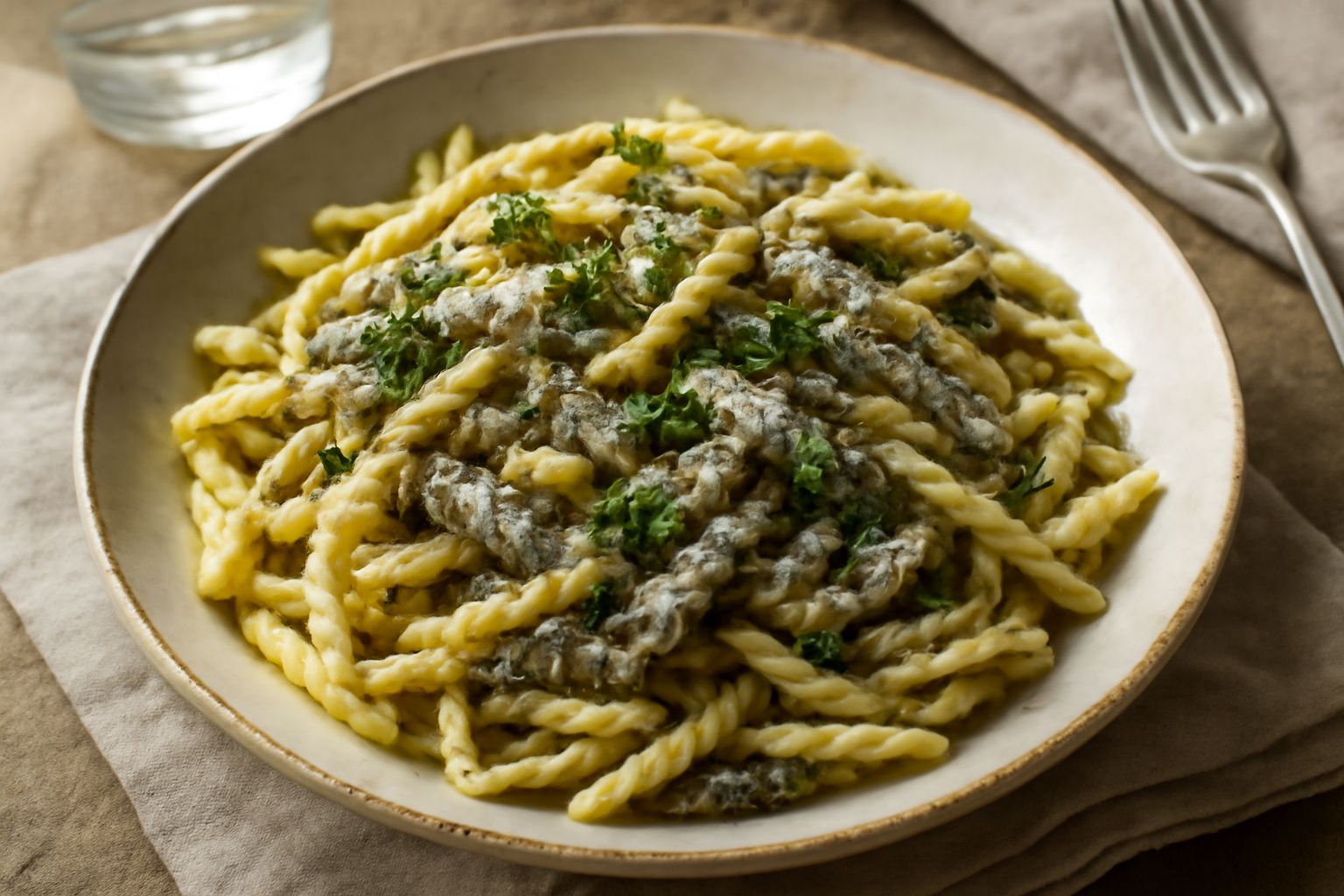Trofie condite con sardine fresche, aglio dorato e prezzemolo verde, servite in un piatto bianco con filo di olio extravergine, accanto a una fetta di limone