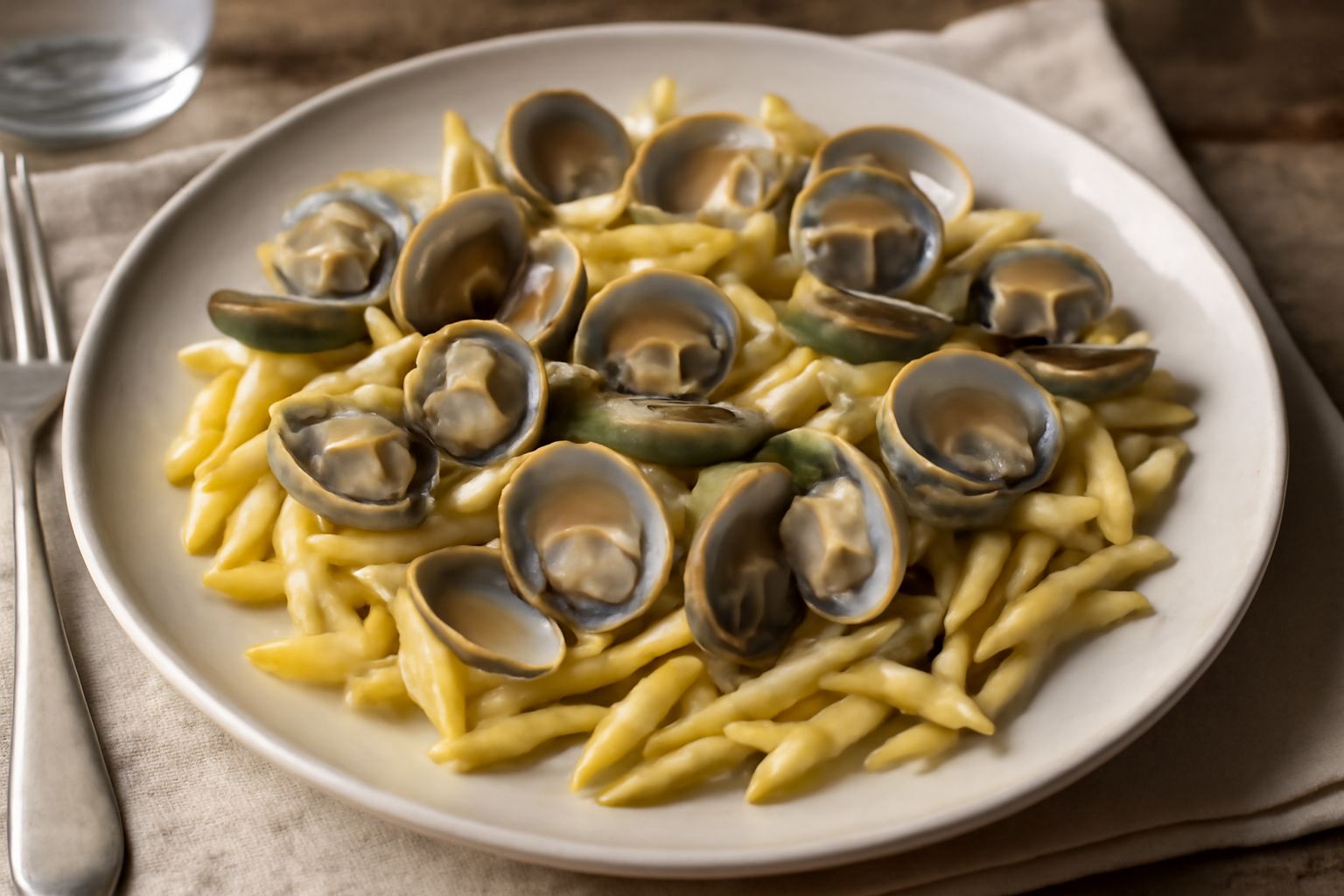 Piatto bianco con trofie di semola intorno a un'altra superficie, vongole aperte color grigio rosato sparse sulla pasta, spruzzate di prezzemolo verde fresco e olio verdastro, fondo rosso scuro del pi