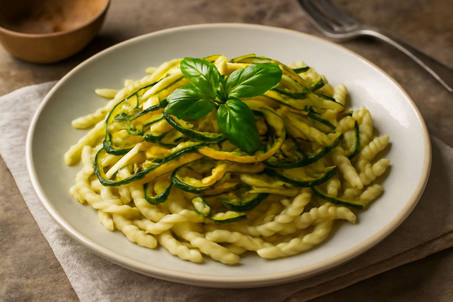 Piatto di trofie alle zucchine appena impiattate, pasta riccia beige chiaro ricoperta di striscie di zucchine verdi e gialle rosolate, foglie di basilico fresco verde brillante, olio che scintilla sul