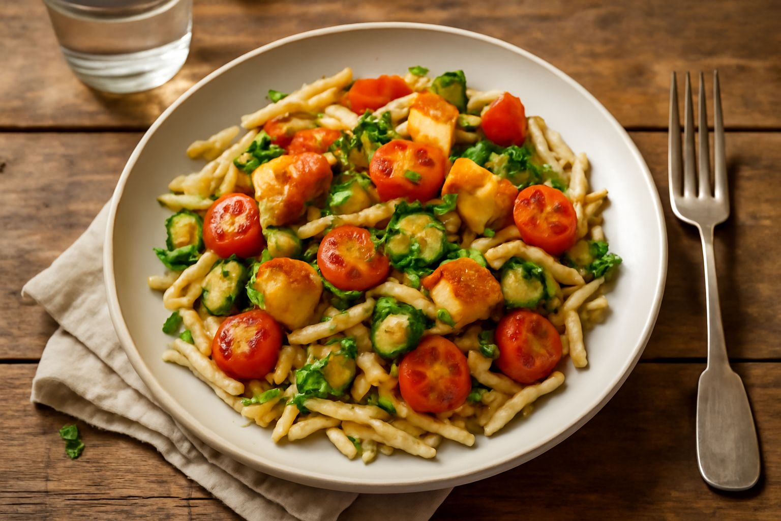 Trofie condite con verdure saltate e formaggio grattugiato in una ciotola bianca, poste su un tavolo di legno con un cucchiaio di legno accanto