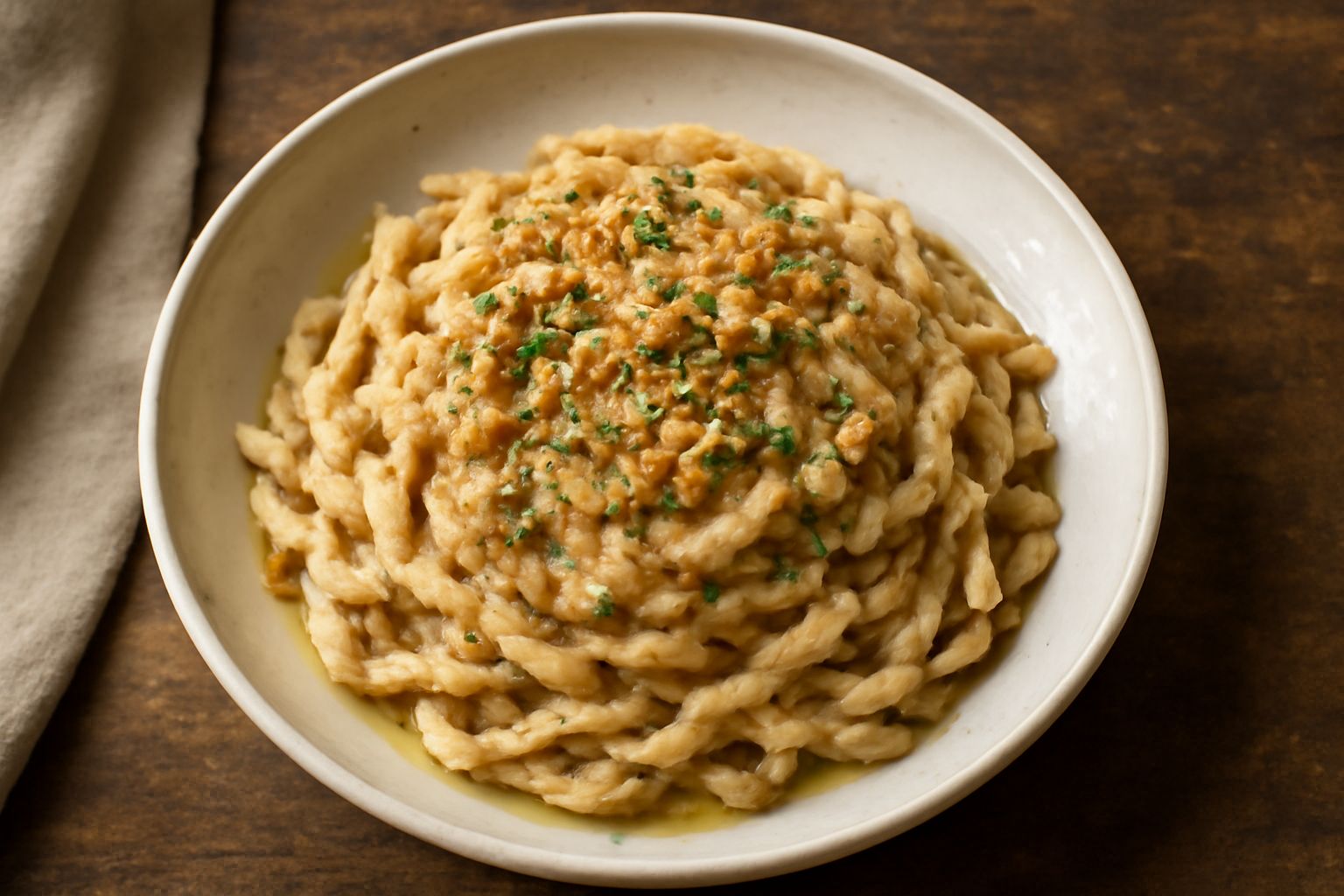 Piatto di trofie bianche e ondulate ricoperte da una salsa beige di mandorle tostate, con visibili granelli di mandorla tritata e qualche foglia di prezzemolo fresco verde, servite in un piatto bianco