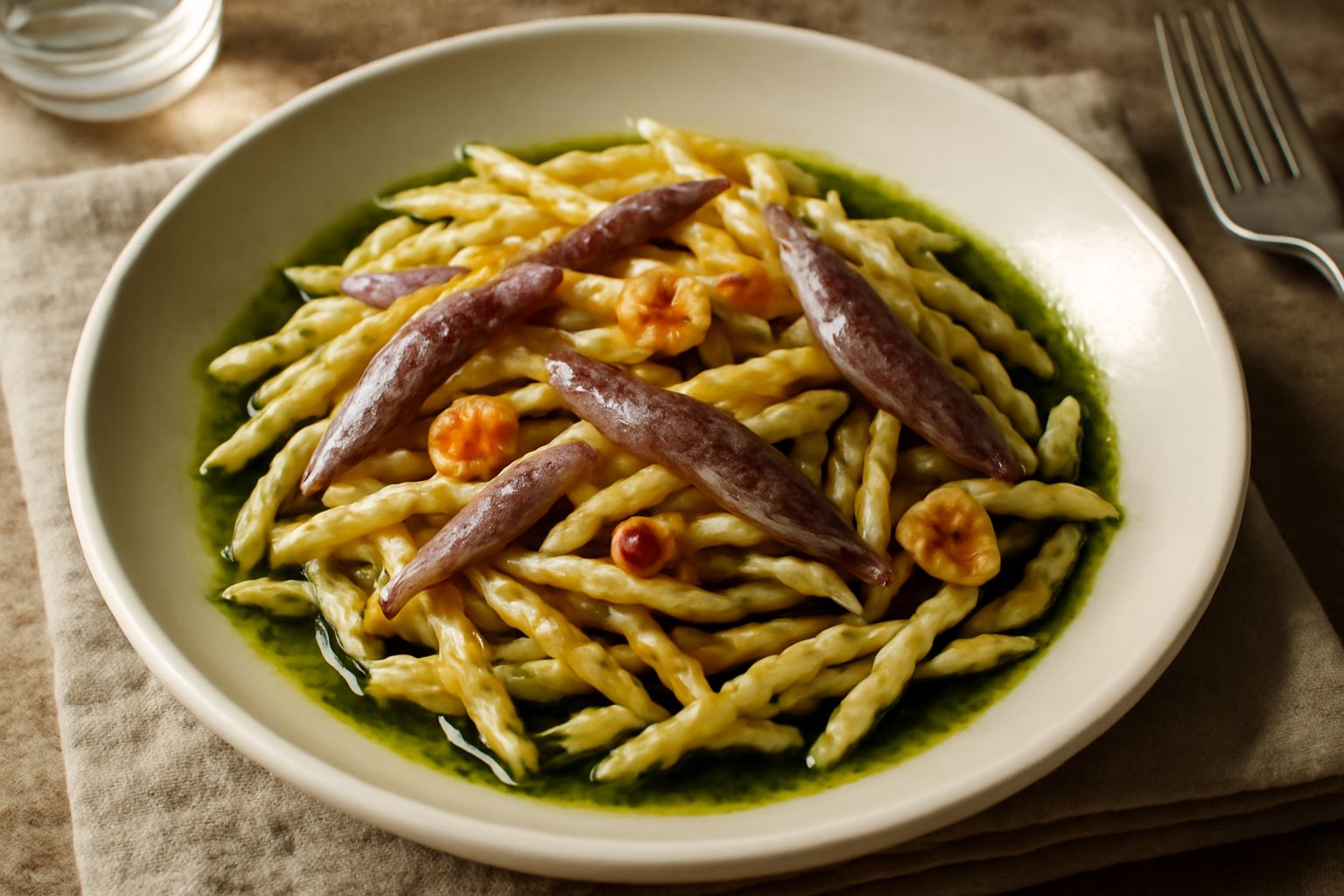 Trofie ca' pani servite in un piatto bianco: pasta riccioluta dorata, filetti di acciuga argentati, gocce di olio verde, aglio e peperoncino fresco sparsi in superficie