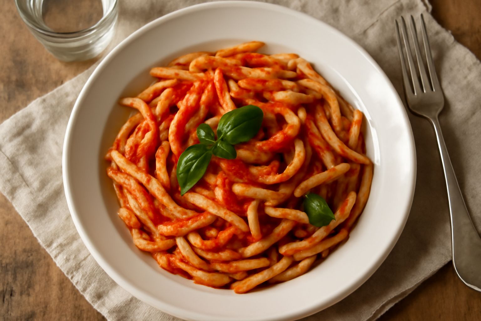 Trofie avvolte intorno alla forchetta, ricoperte di sugo di pomodoro rosso vivo, basilico verde fresco e scaglie di parmigiano grattugiato, servite in piatto bianco fondo