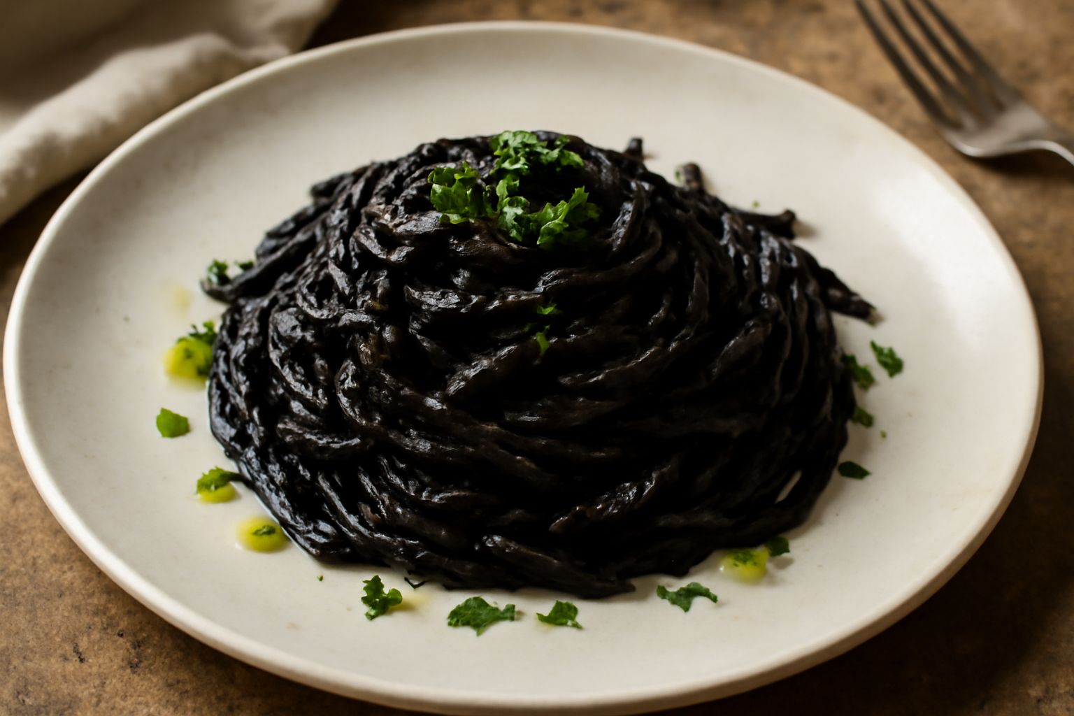 Piatto di trofie con sugo di seppia nero corvino, condimento lucido che avvolge la pasta riccia, guarnito con prezzemolo fresco tritato e filo d'olio verde, servito in ciotola bianca