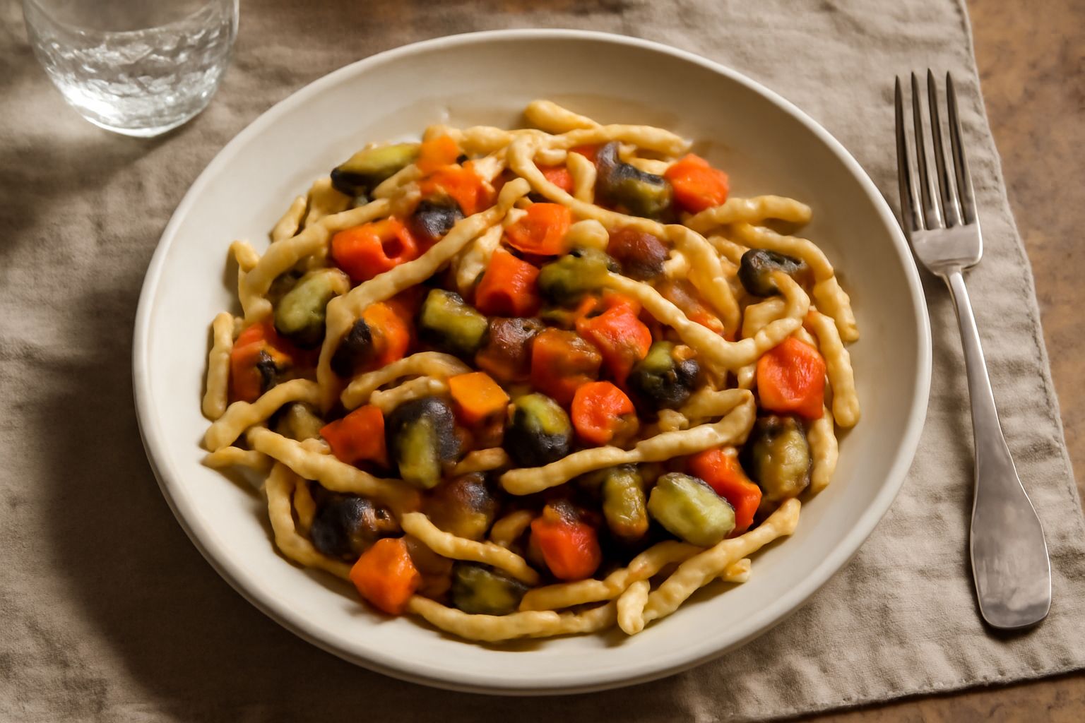Piatto di trofie intrecciati con pezzi di zucchine verdi, carote arancioni, melanzane viola e pomodori rossi, conditi con olio e basilico fresco, serviti in ciotola bianca