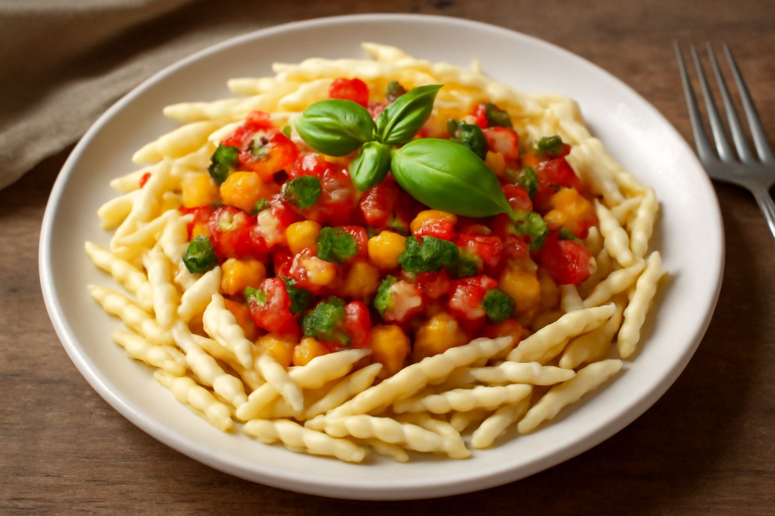 Piatto di trofie bianche condite con verdure tagliate a dadini di colore giallo, verde e rosso, cosparse di basilico fresco e gocce di olio d'oliva, su fondo bianco.