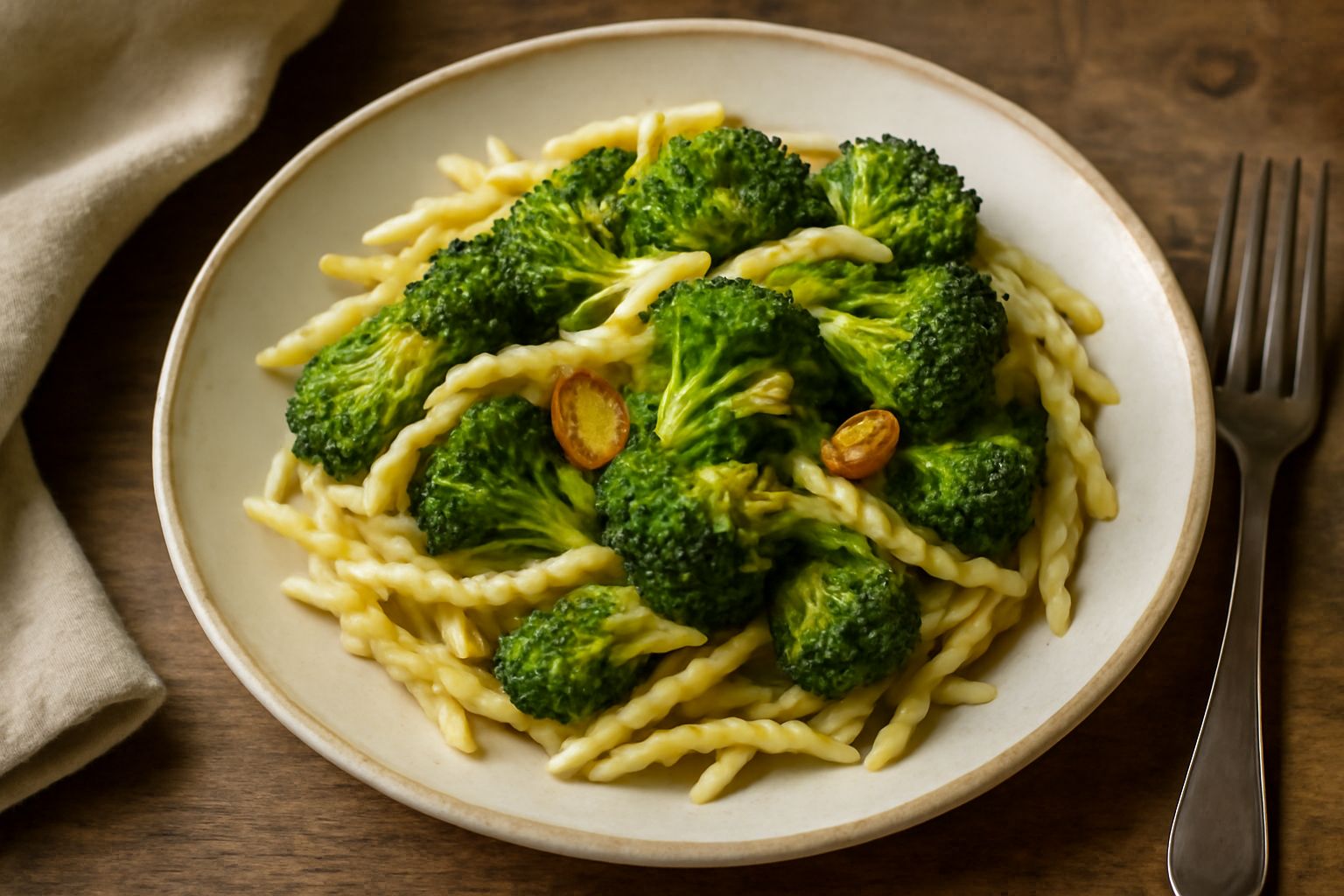 Trofie avvolte attorno a un cucchiaio di legno, coperte di broccoli verdi croccanti e aglio dorato, olio lucido, in un piatto bianco fondo su tavolo scuro