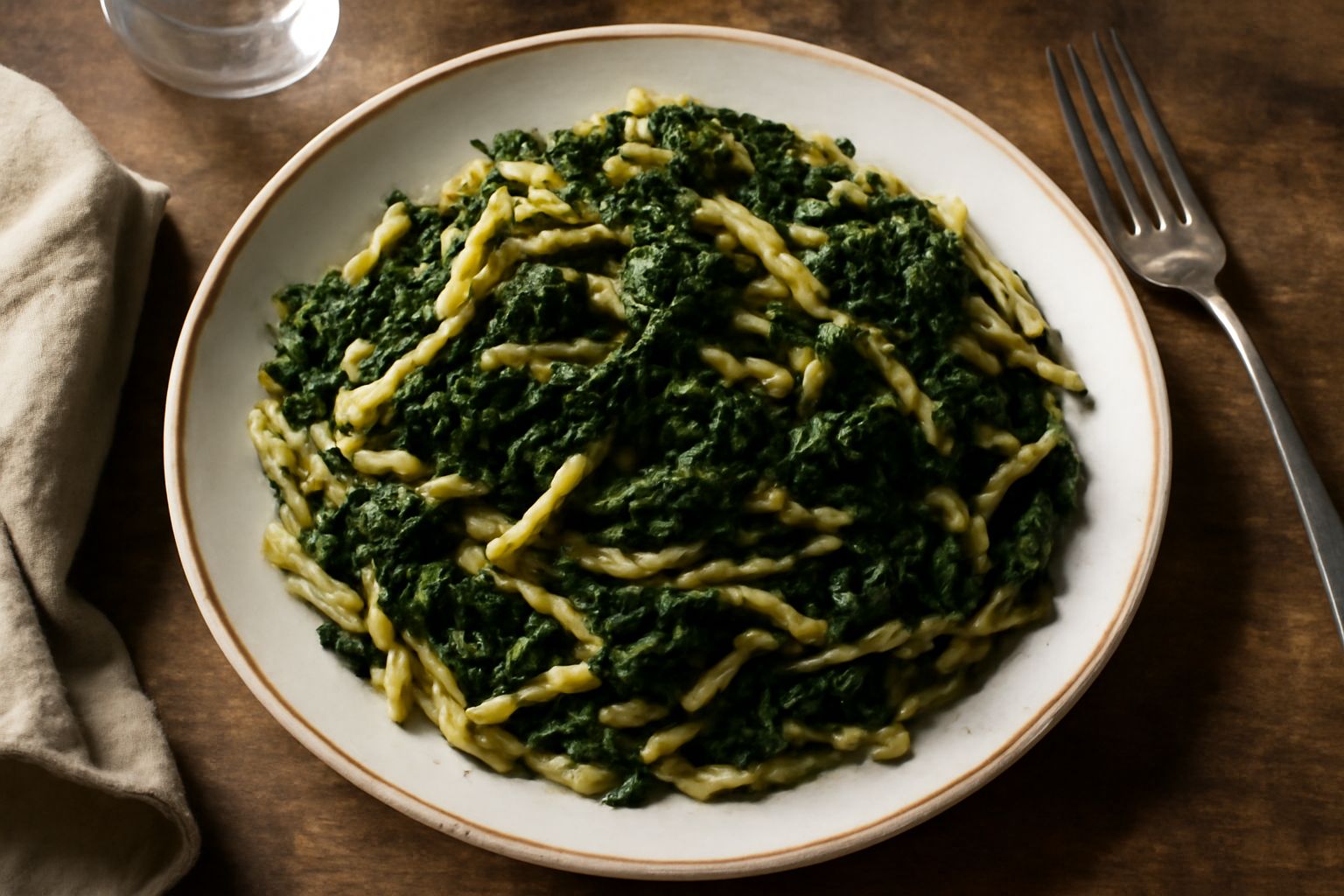 Piatto di trofie bionde avvolte intorno a se stesse, coperte di cime di rapa verde scuro ripassate in olio, aglio dorato e peperoncino rosso, servite in un piatto bianco fondo su tavolo di legno