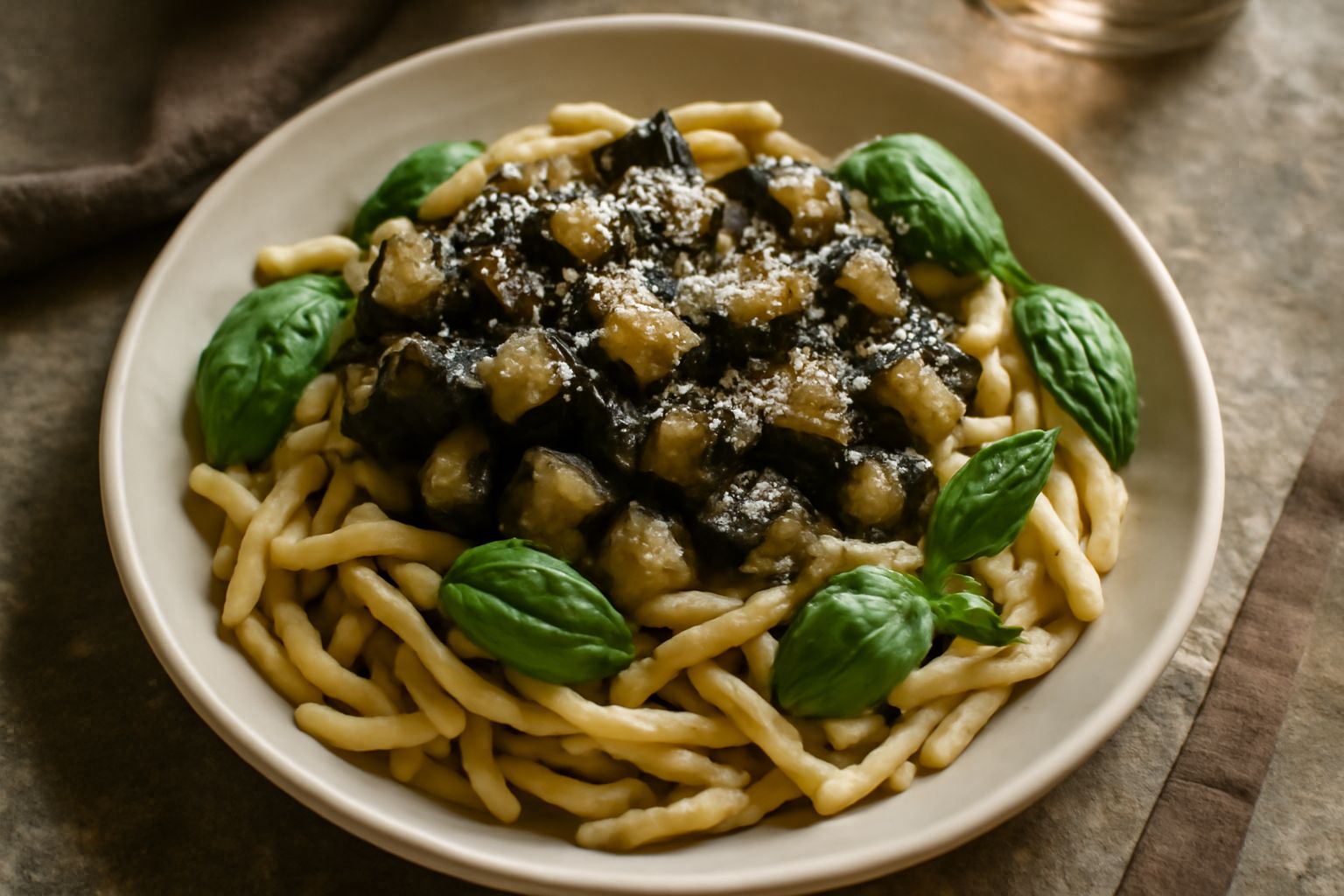 Piatto di trofie bianche ricoperte di melanzane grigio-violacee rossolate, olio verde, foglie di basilico fresco e un filo di parmigiano grattugiato
