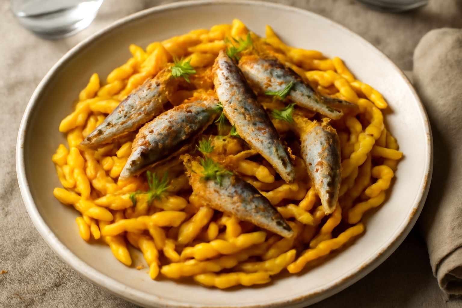 Piatto di trofie con le sarde con pasta a forma di spirale ricoperta di salsa rosso-dorata, sarde intere sparse sulla superficie, filo di olio d'oliva e finocchietto selvatico verde sparso in cima, se