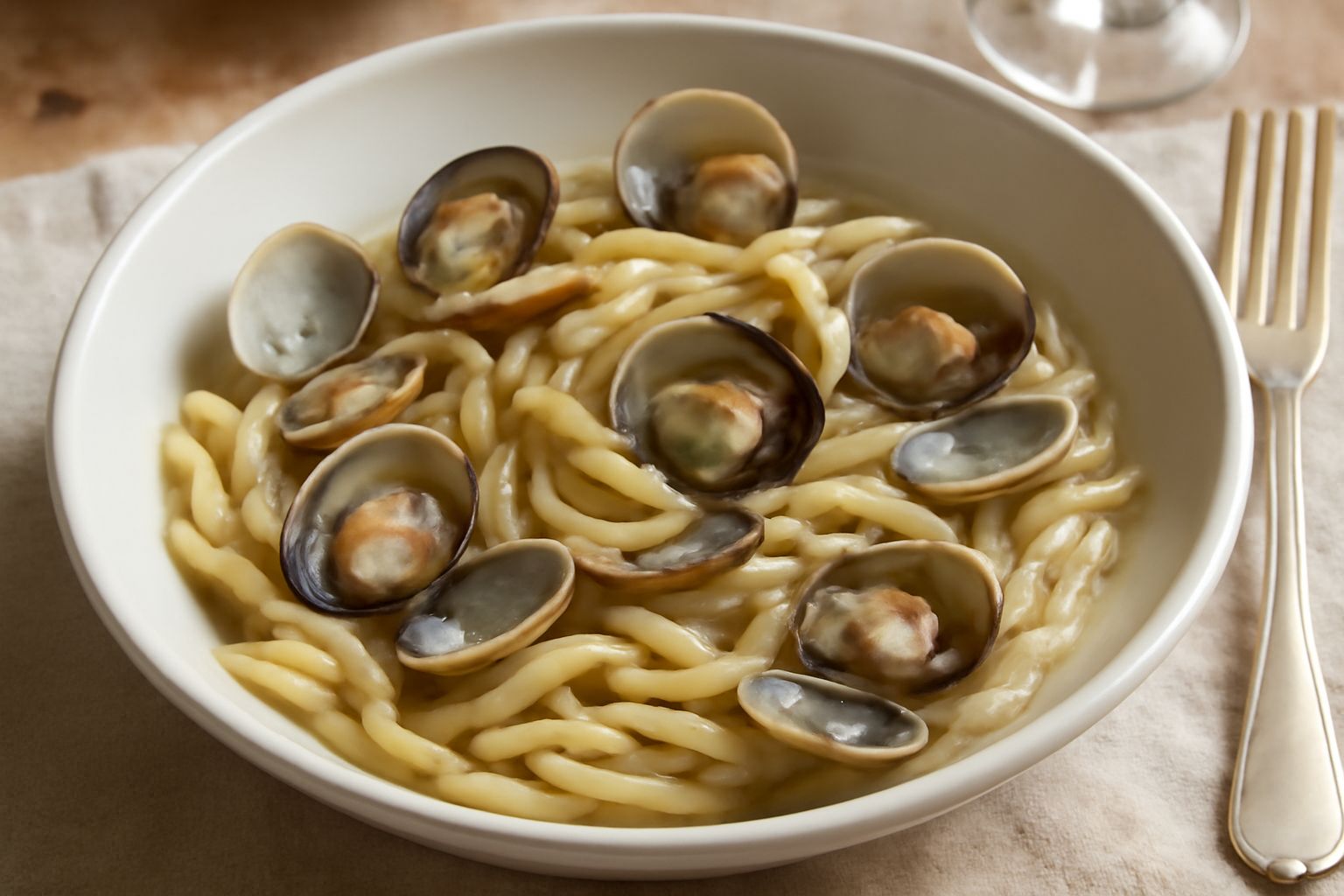 Trofie bionde con vongole aperte e brodo bianco, sparse di prezzemolo fresco tritato, in un piatto fondo ceramica grigia con sfumature blu, lume caldo da cucina