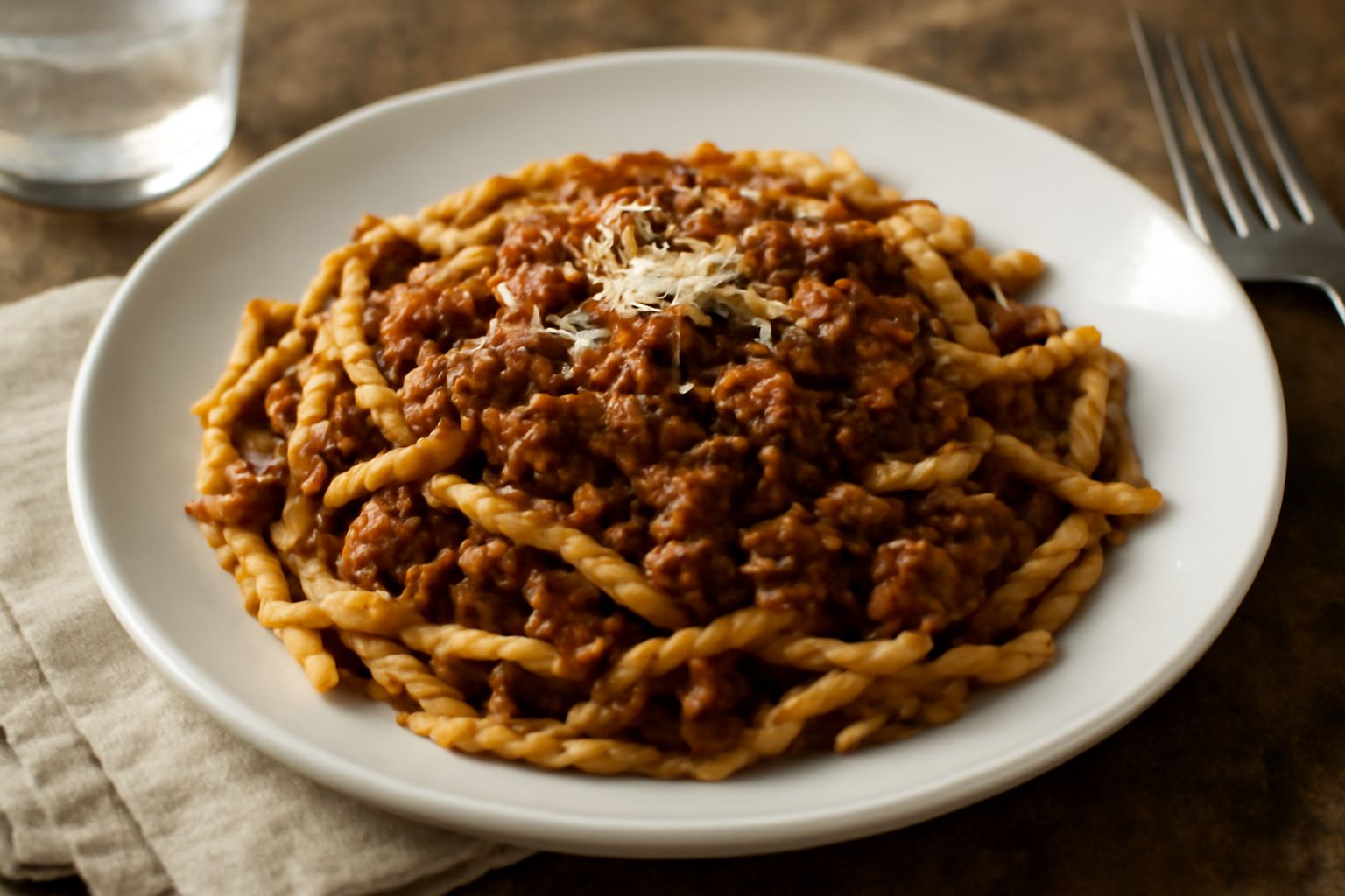 Trofie ricoperte da ragù marrone scuro con pezzetti di coniglio e verdure, servite in un piatto bianco con grana grattugiato e prezzemolo fresco