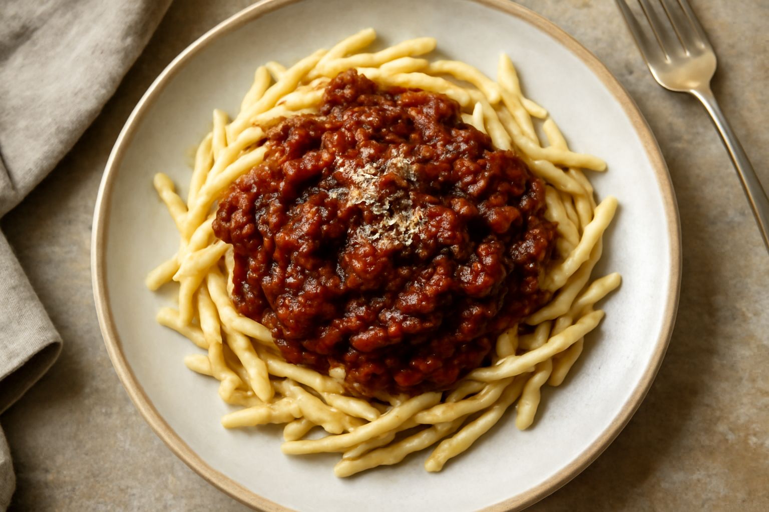 Un piatto di trofie con ragù di melanzane color marrone scuro, trofie arricciata nel piatto bianco, ragù denso e cremoso che avvolge la pasta, foglia di basilico fresco sulla superficie, olio d'oliva 
