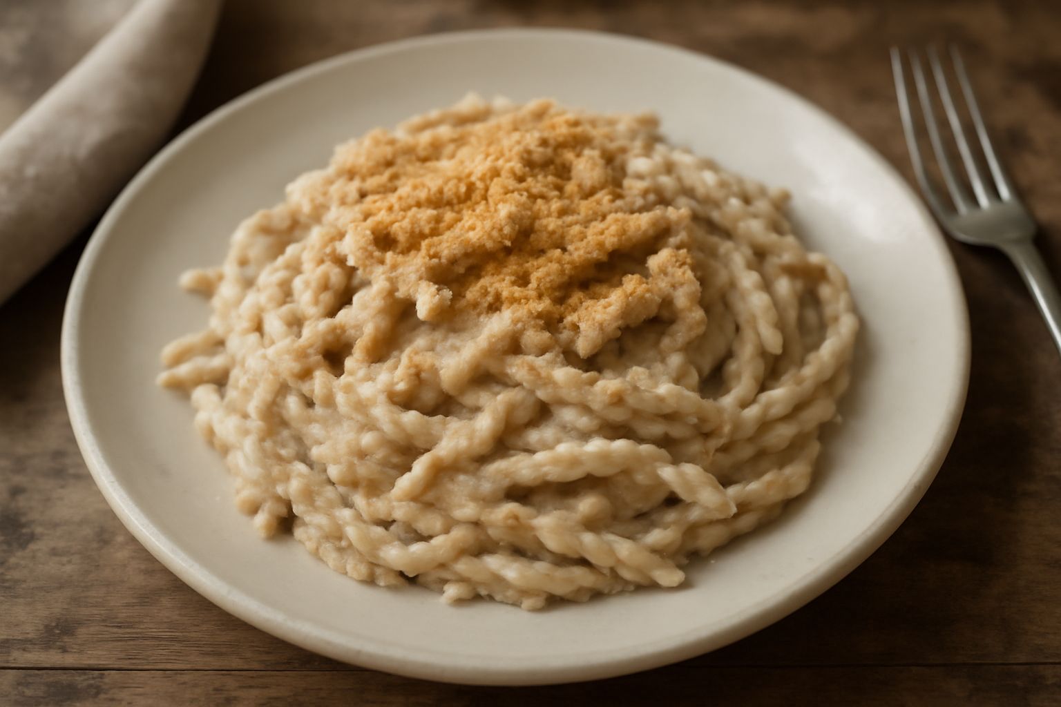 Trofie avvolte da una salsa cremosa color nocciola, servite in un piatto bianco con gocce di olio verde e una spolverata di pane tostato su una parte della pasta