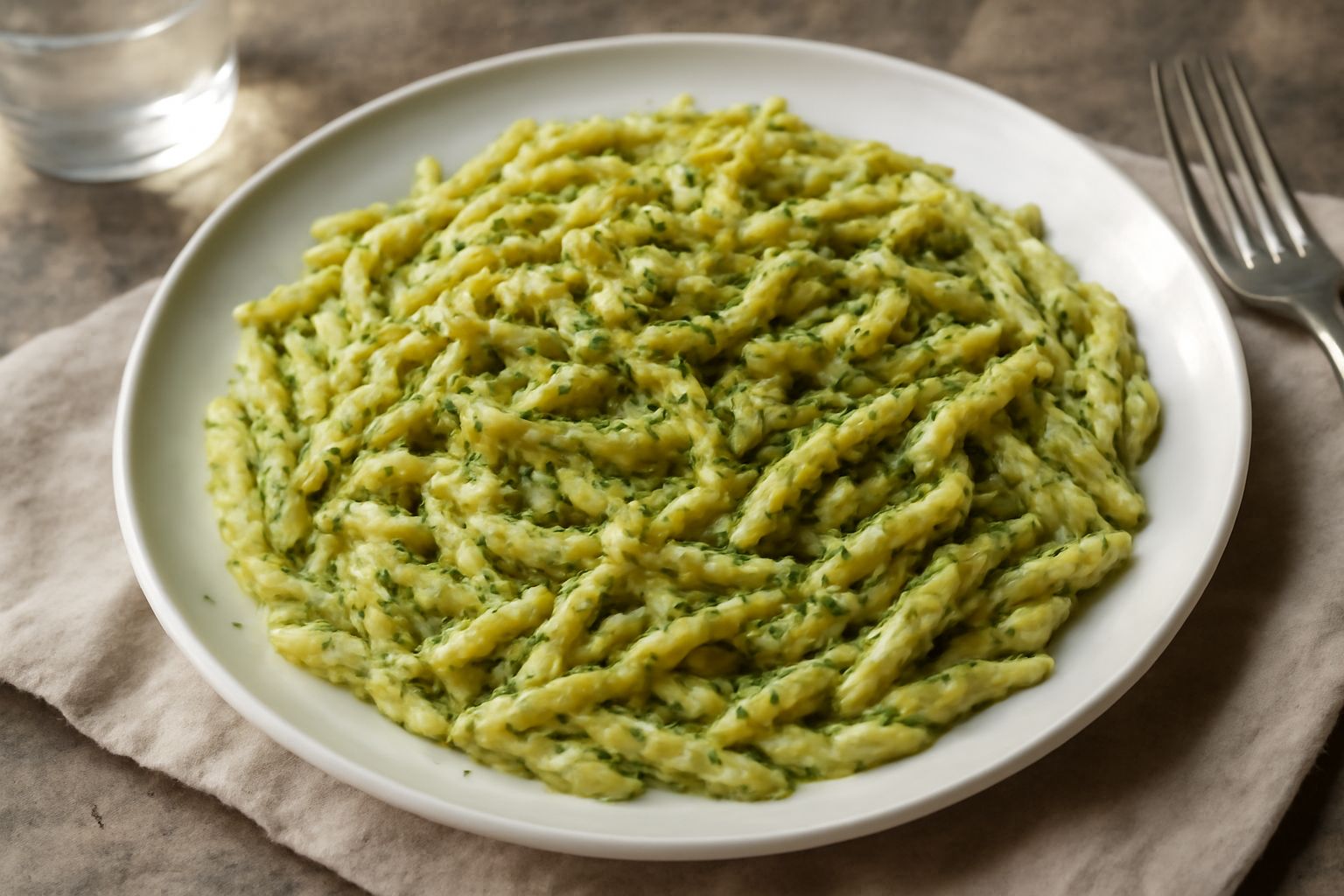 Piatto di trofie gialle coperte di salsa verde chiaro di pistacchio, guarnite con pistacchio tritato, grana e filo di olio verde oliva su sfondo bianco