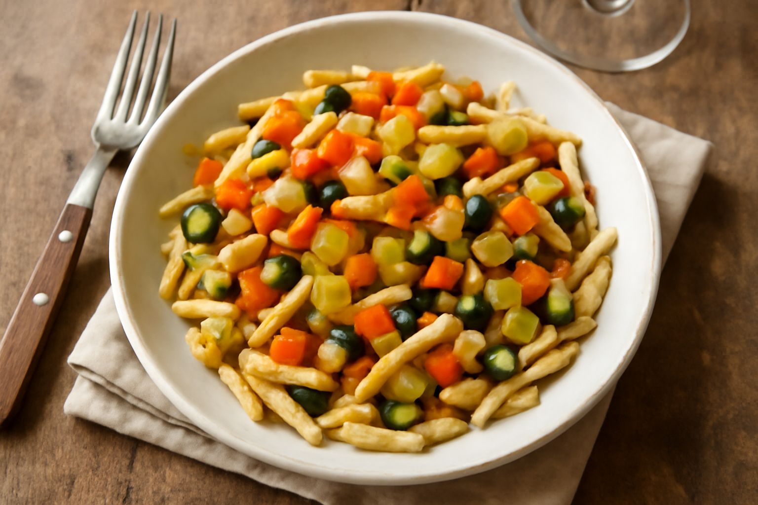 Trofie con verdure in un piatto bianco: trofie al dente attorcigliate, zucchine, melanzane e pomodori rossi, olio d'oliva lucido in superficie, basilico fresco sopra