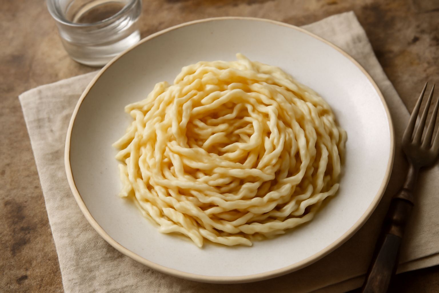 Piatto bianco con trofie lisce e arricciate color panna, condite con aglio dorato e croccante, gocce di olio d'oliva lucido, peperoncino rosso in polvere sparso in superficie e filo di prezzemolo fres