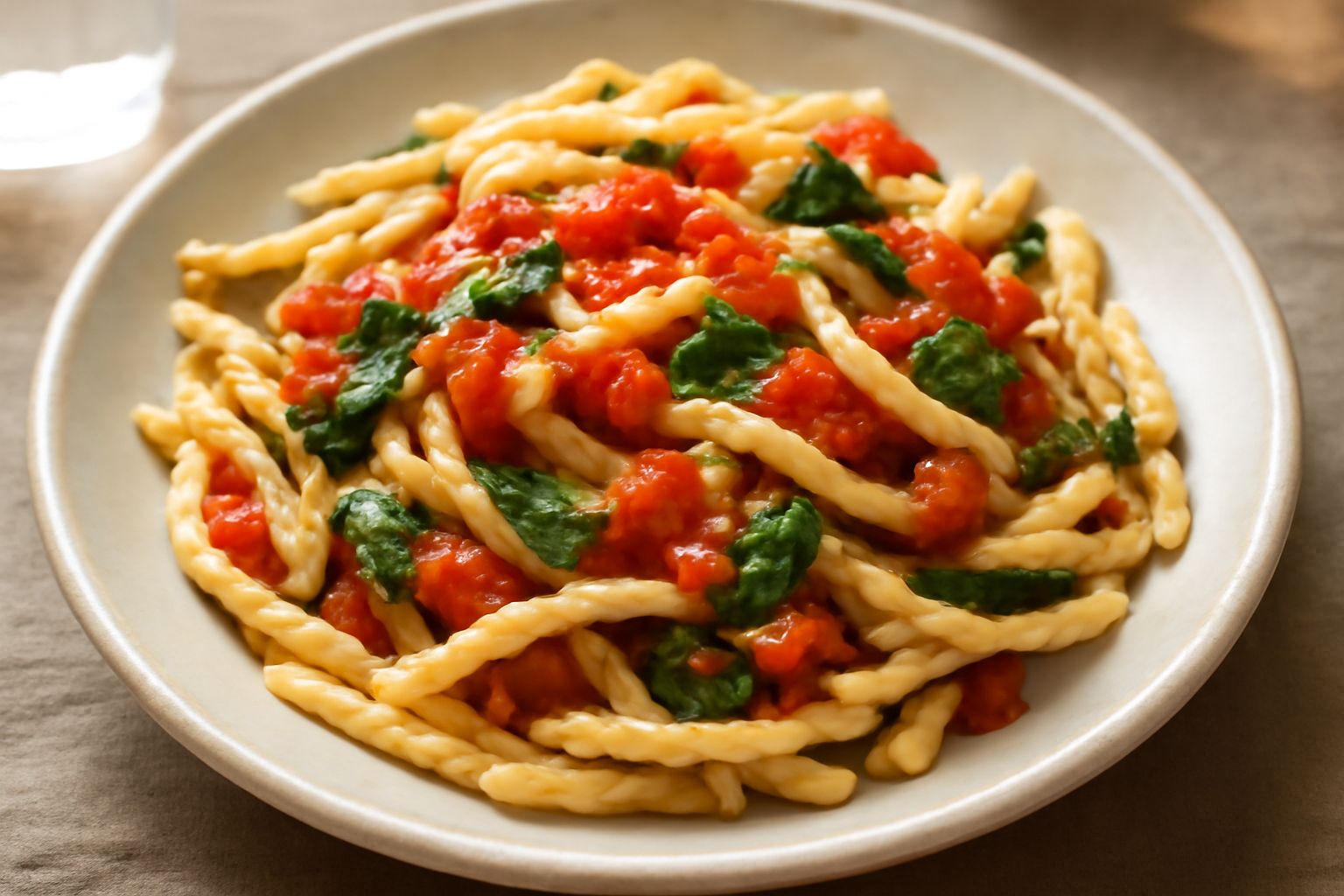 Piatto bianco con trofie ricce condite con salsa verde e rossa di basilico e pomodoro, guarnite con foglie di basilico fresco e gocce di olio d'oliva