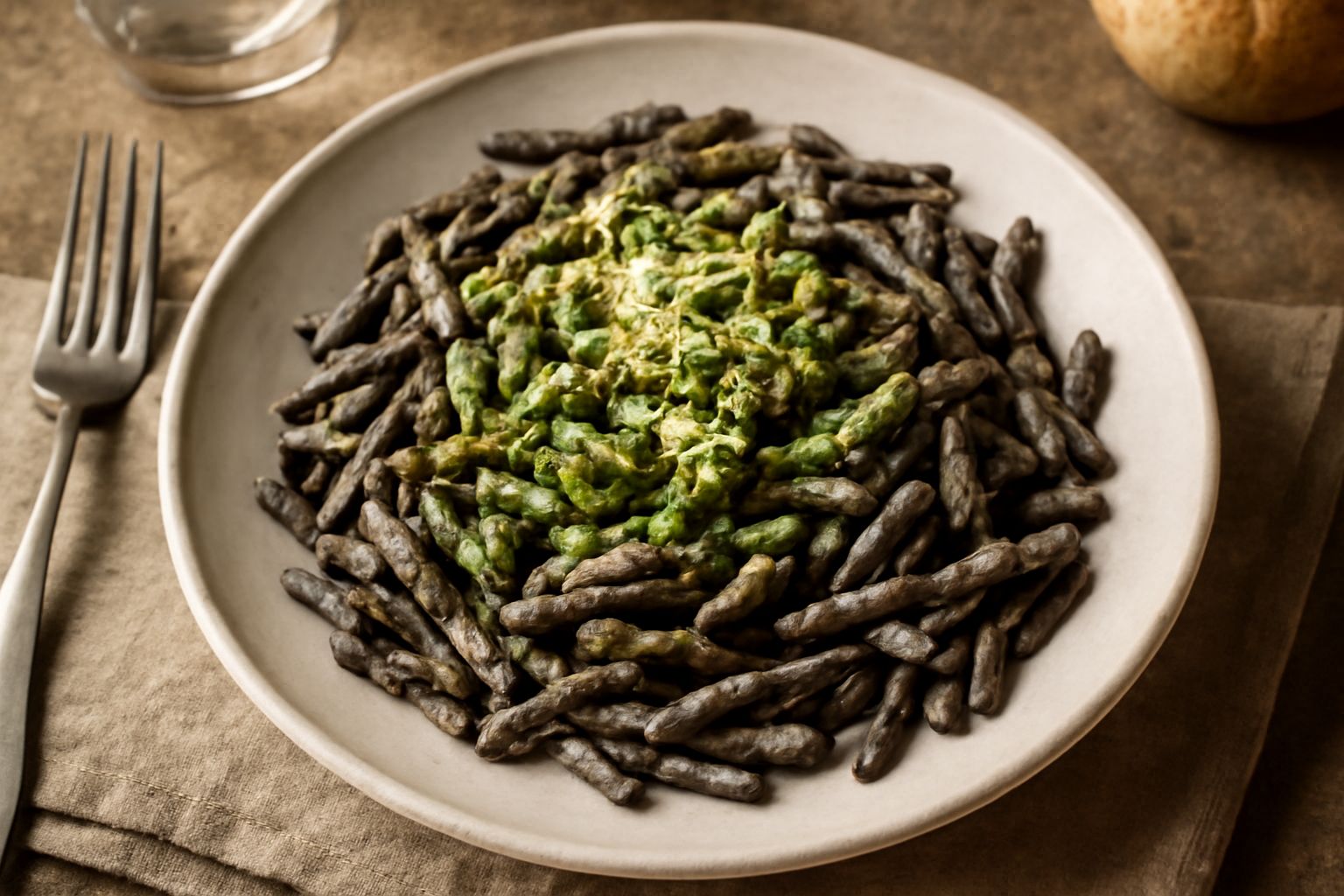 Trofie di grano saraceno grigie e ricce disposte nel piatto bianco con salsa di funghi e prezzemolo verde, viste da sopra con luce naturale