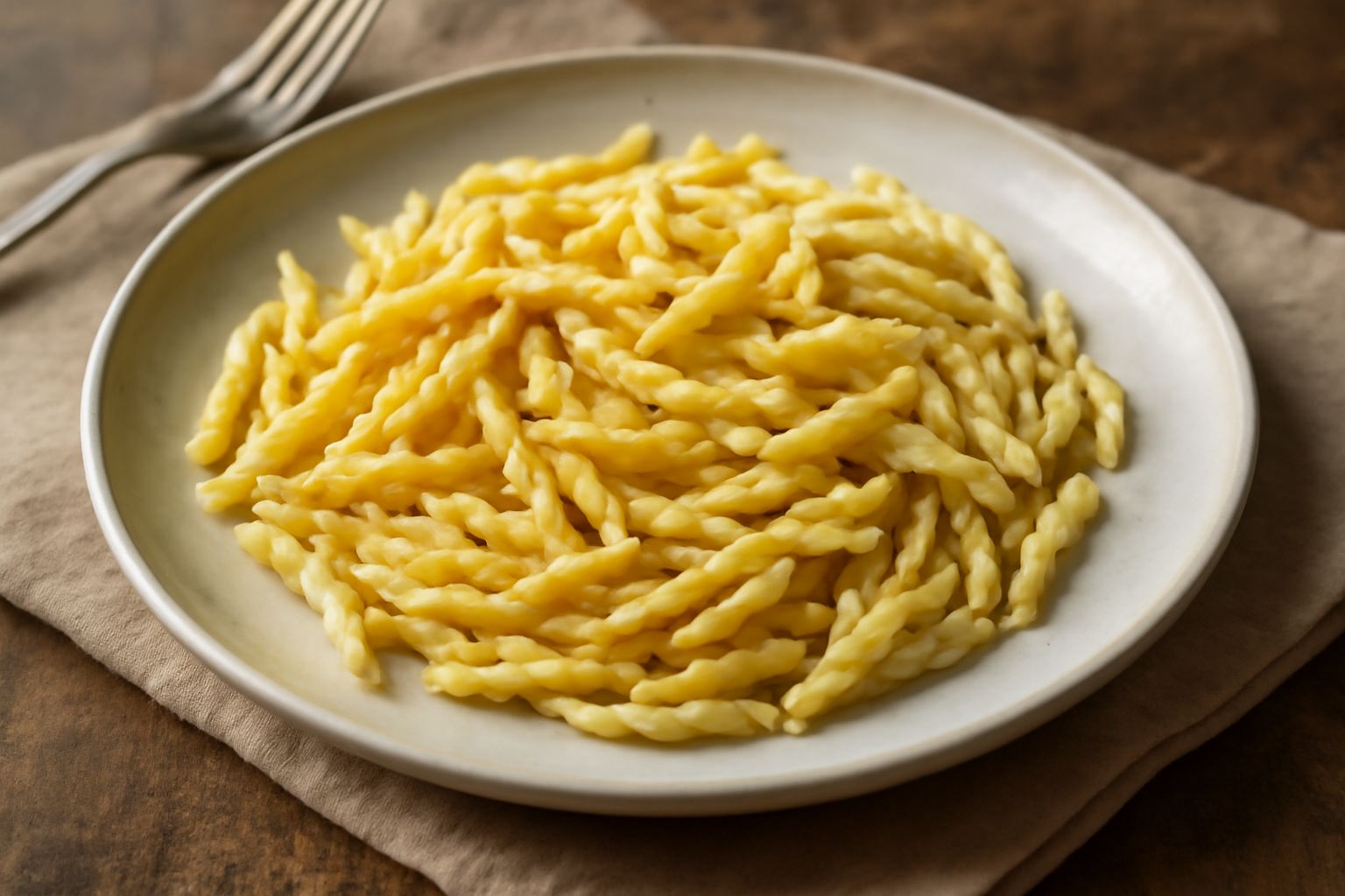 Un piatto di ceramica bianca con trofie di Imperia appena cotte, pasta a forma di spirale leggermente umida, condita con pesto verde e pinoli, contornata da foglie di basilico fresco