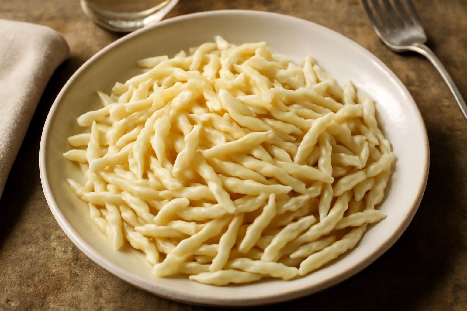Trofie di Liguria appena cotte nel piatto, pasta riccia e ondulata color bianco avorio, con gocce di olio lucido in superficie, servite in una ciotola di ceramica bianca