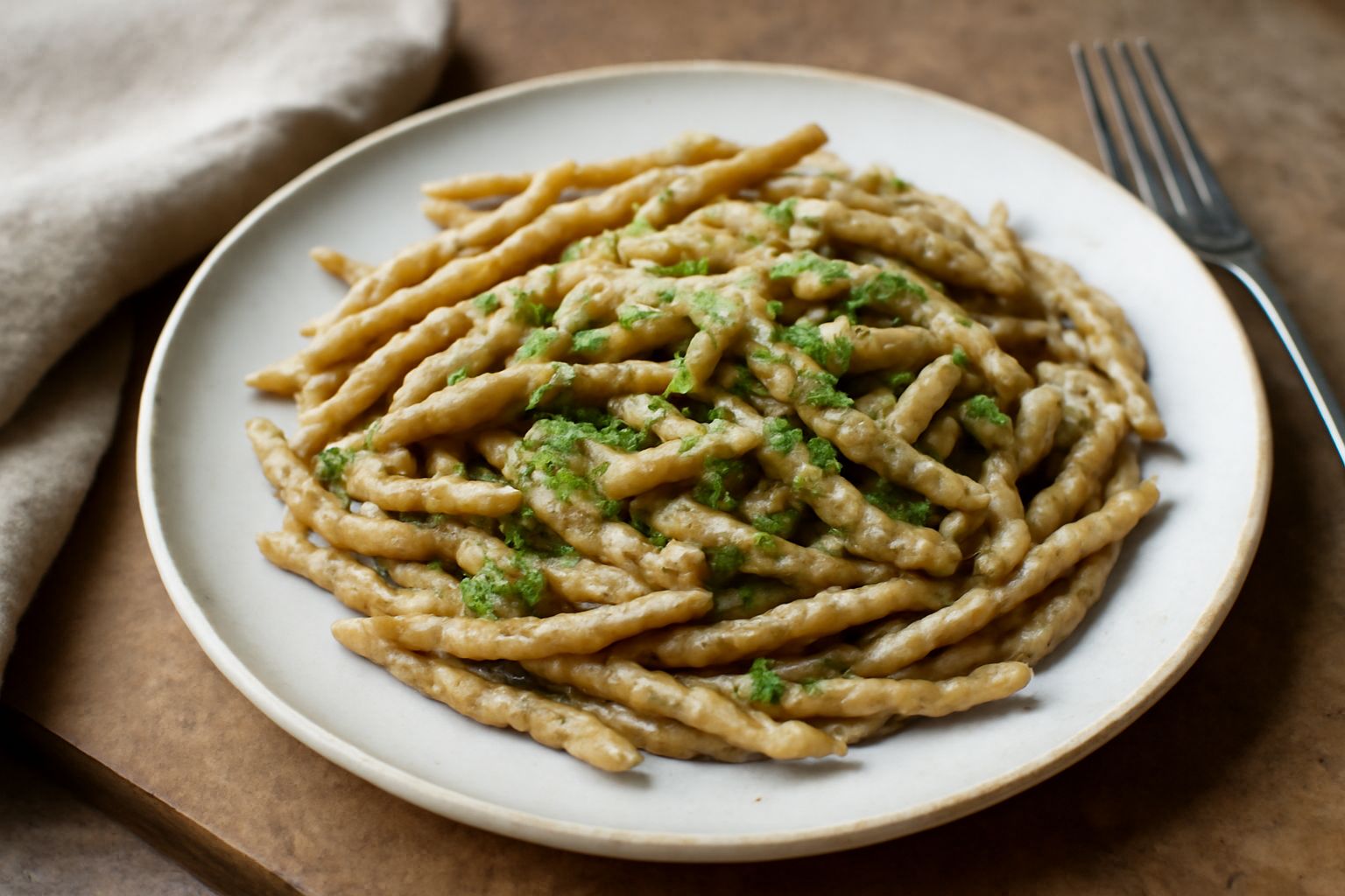 Trofie di pane raffermo appena girate in un piatto bianco, con superficie leggermente screpolata color nocciola chiaro, condite con un filo d'olio e prezzemolo fresco tritato, accanto a una ciotola co