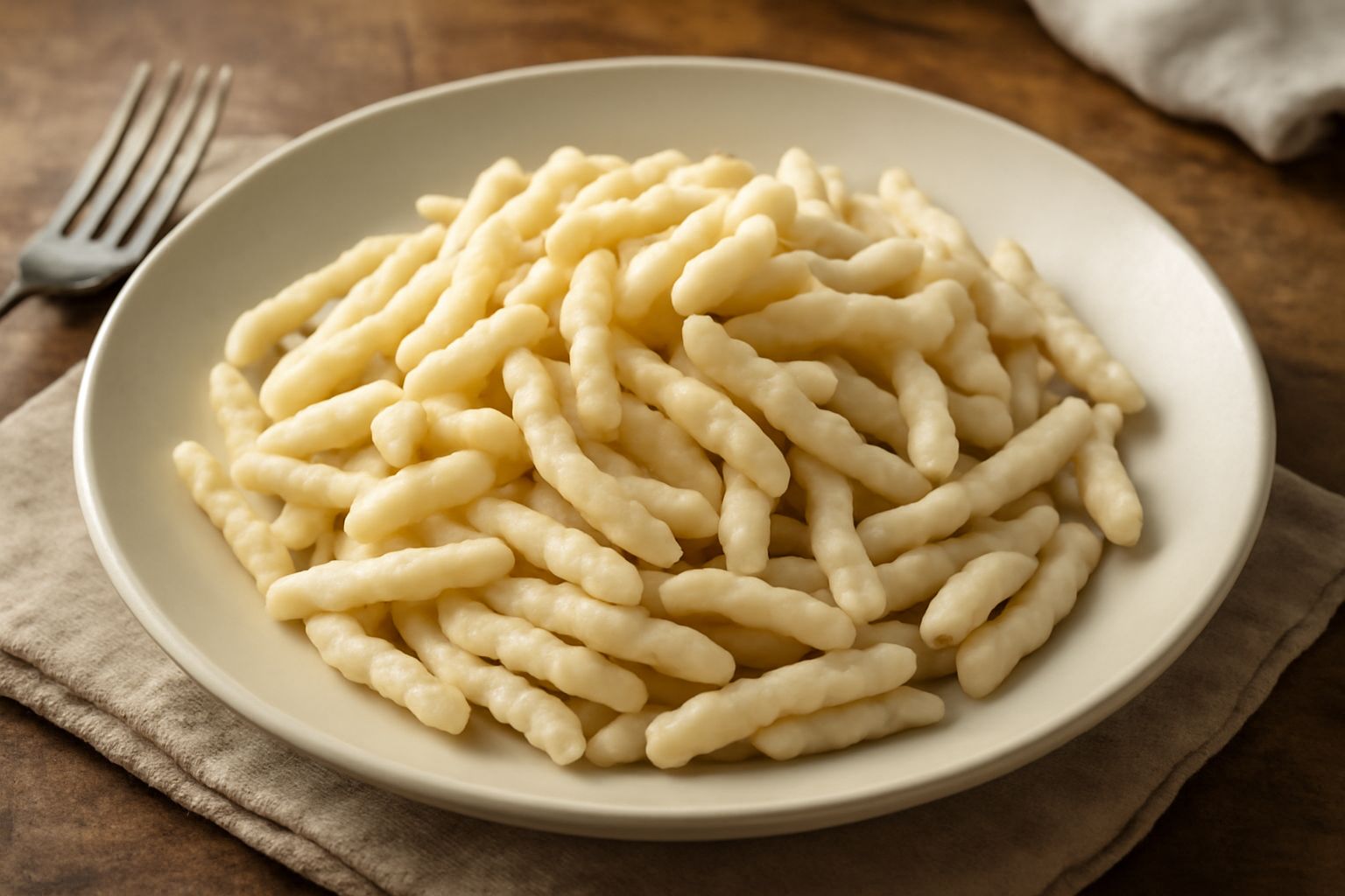 Trofie di patate color avorio ricoperte di salsa verde, guarnite con foglie di basilico fresco e un filo di olio d'oliva, in un piatto bianco