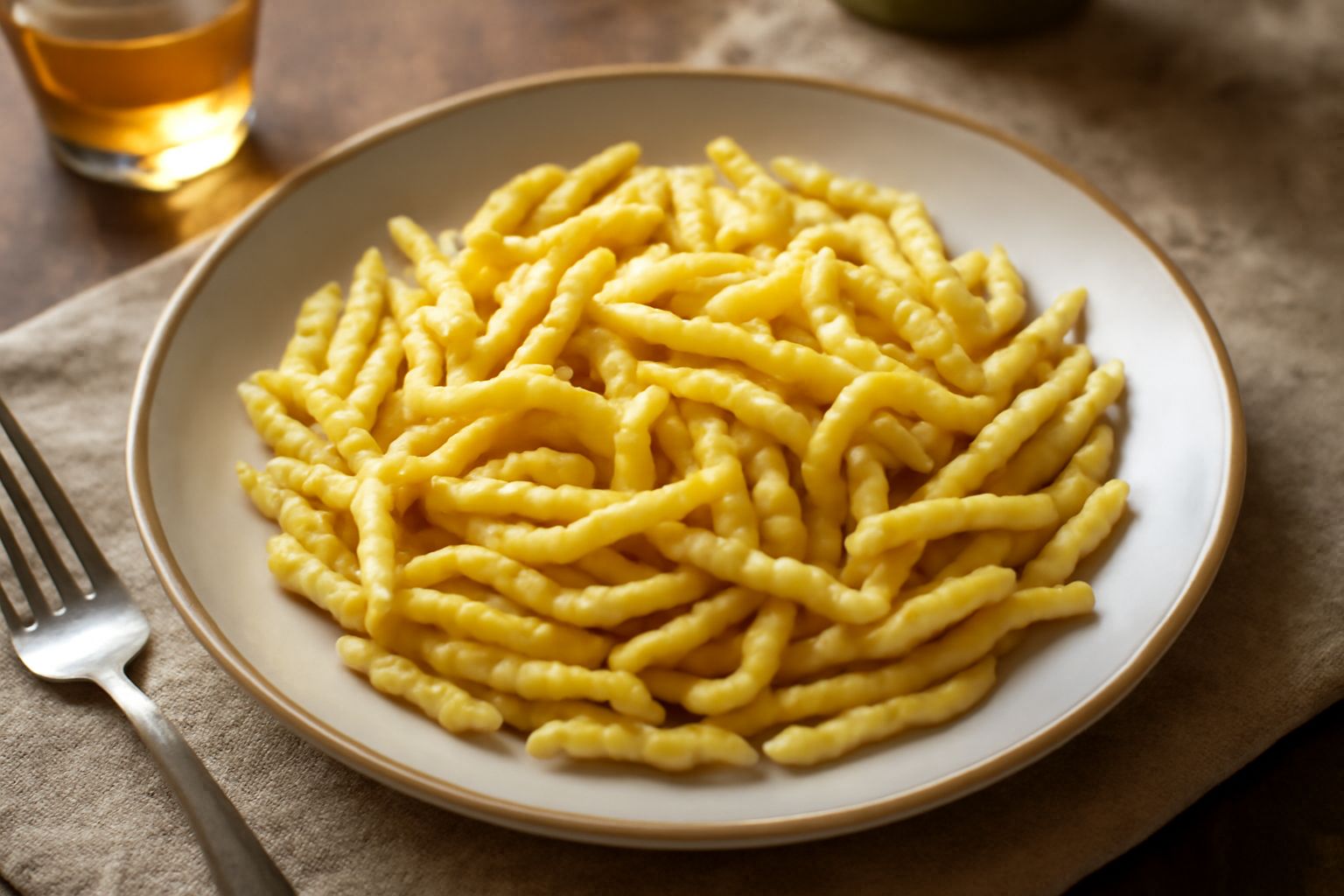 Mucchio di trofie arrotolate e affusolate di colore giallo dorato della semola, poste su una tavola di legno naturale con qualche granello di farina intorno