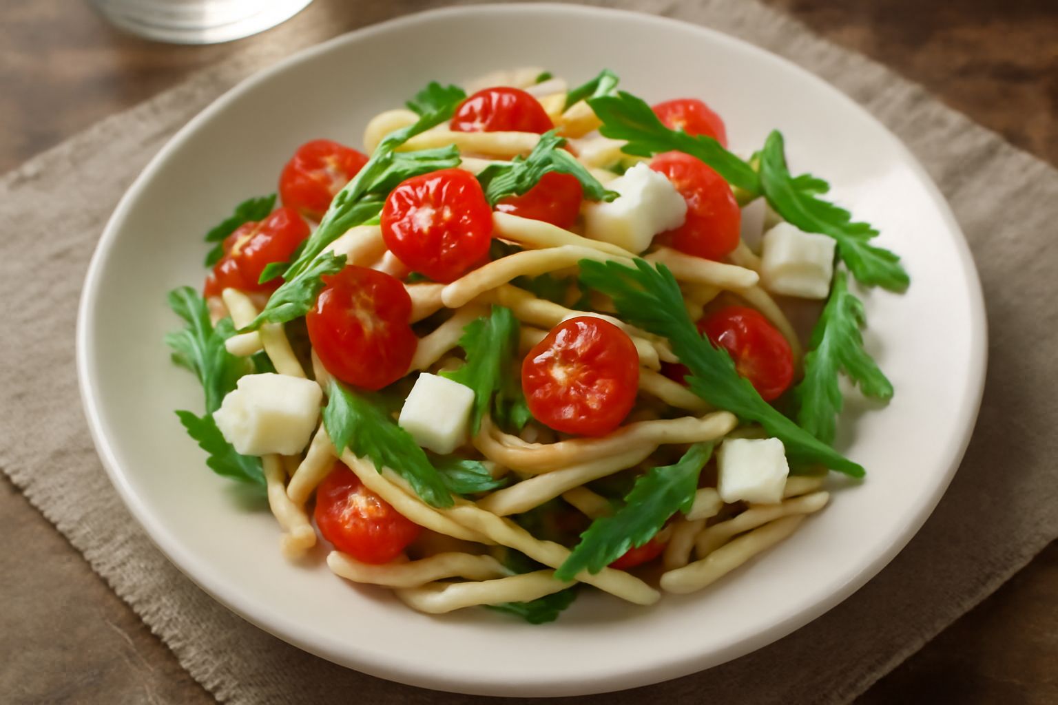 Piatto bianco con trofie fredde condite con pomodorini rossi, rucola verde, scaglie di parmigiano bianche e filo d'olio giallo oro. Bicchiere d'acqua e limone sullo sfondo.