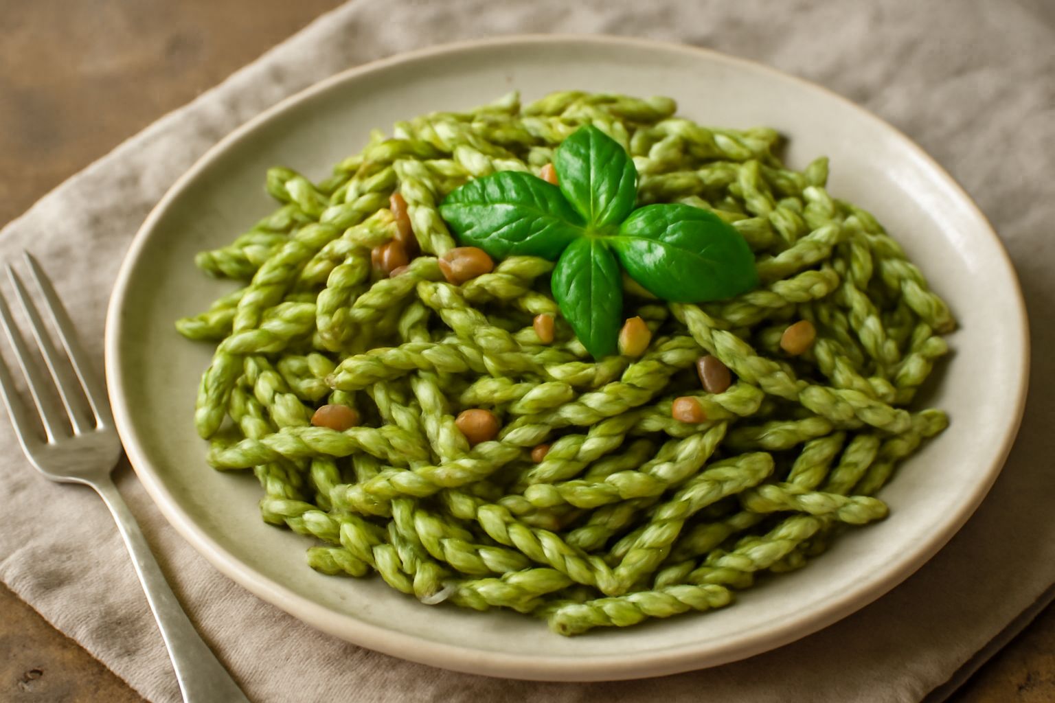 Piatto di trofie al pesto con pasta a forma di spirale verde brillante, foglie di basilico fresco sopra, pinoli tostati sparsi, olio lucente, servito su piatto bianco