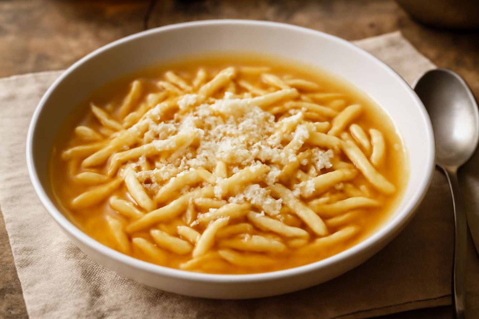 Una ciotola di ceramica bianca con trofie ricce immerse in brodo trasparente dorato, gambo di prezzemolo fresco e scaglie di parmigiano sparse in superficie, vapore leggero visibile