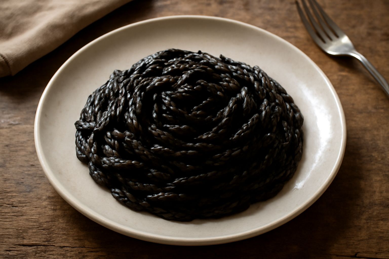 Piatto di trofie nere a forma di spirale condite con sugo nero di seppia, guarnite con prezzemolo fresco e gocce di olio extravergine, servite in un piatto bianco