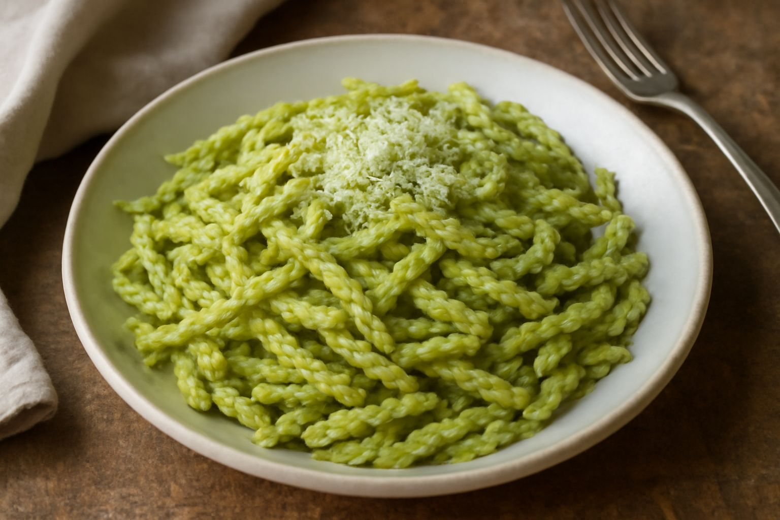 Trofiette verdi e arricciate ricoperte di pesto di pistacchio cremoso, con una spolverata di parmigiano grattugiato e un filo di olio d'oliva, servite su un piatto bianco con due foglie di basilico fr
