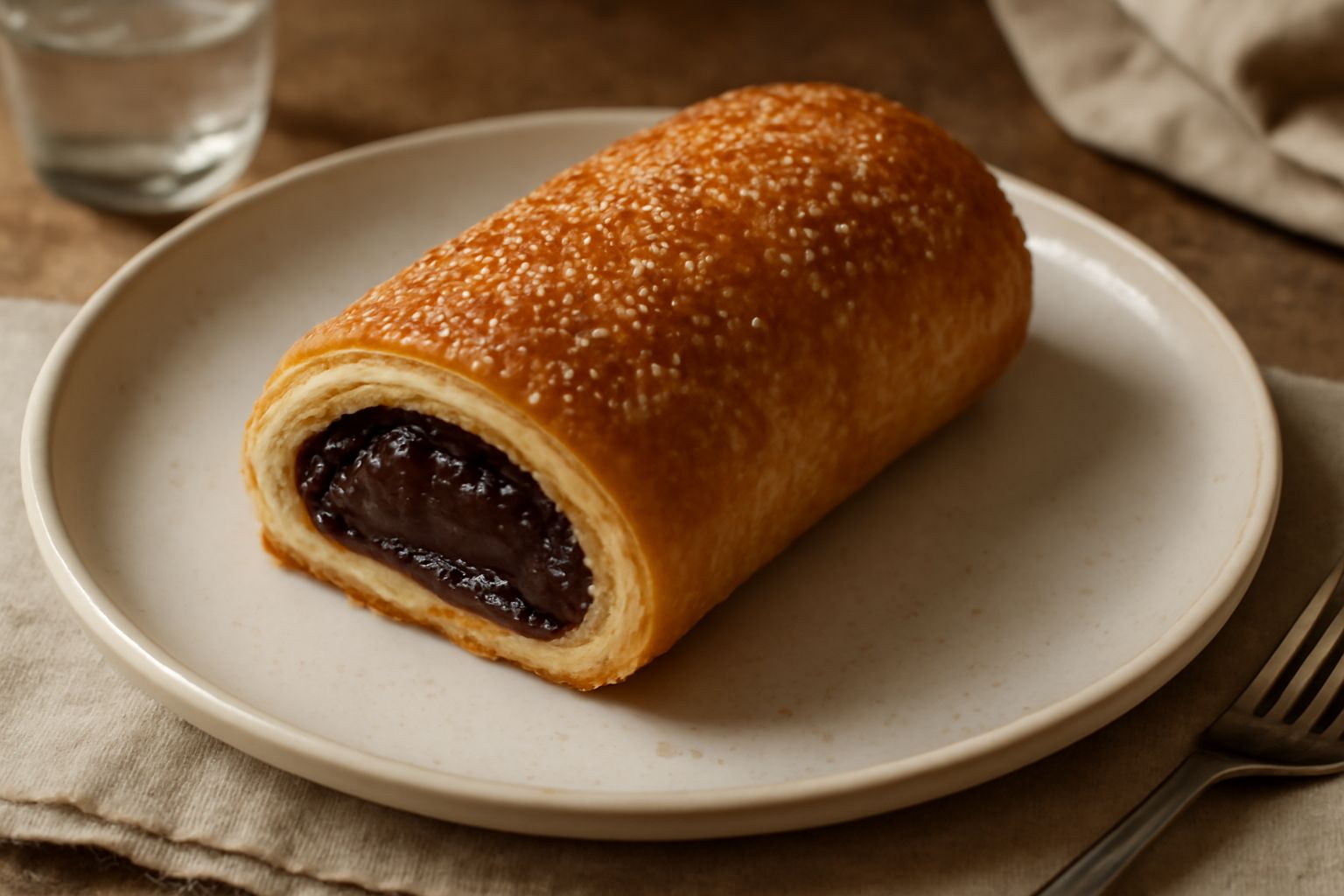 Tronchetto della felicità dorato e croccante, affettato, che mostra il ripieno di cioccolato fondente e nocciole intere, poggiato su carta bianca con zucchero a velo sparso attorno