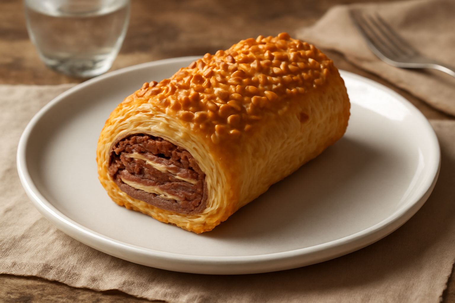 Tronchetto al nocciola intero su piatto bianco, sezione diagonale che mostra la pasta sfoglia dorata, la crema marrone e le nocciole tostate in superficie, decorato con granella di nocciole