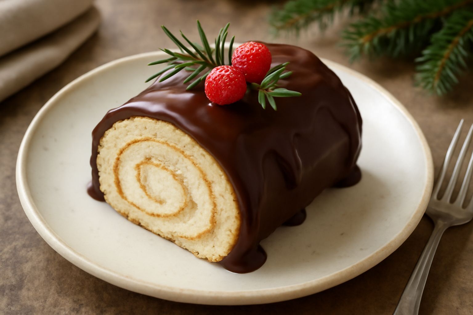 Tronchetto natalizio intero su un piatto bianco con copertura di glassa al cioccolato marrone scuro, decorazione di zucchero a velo bianco sulle estremità e due bastoncini di cannella incrociati sopra